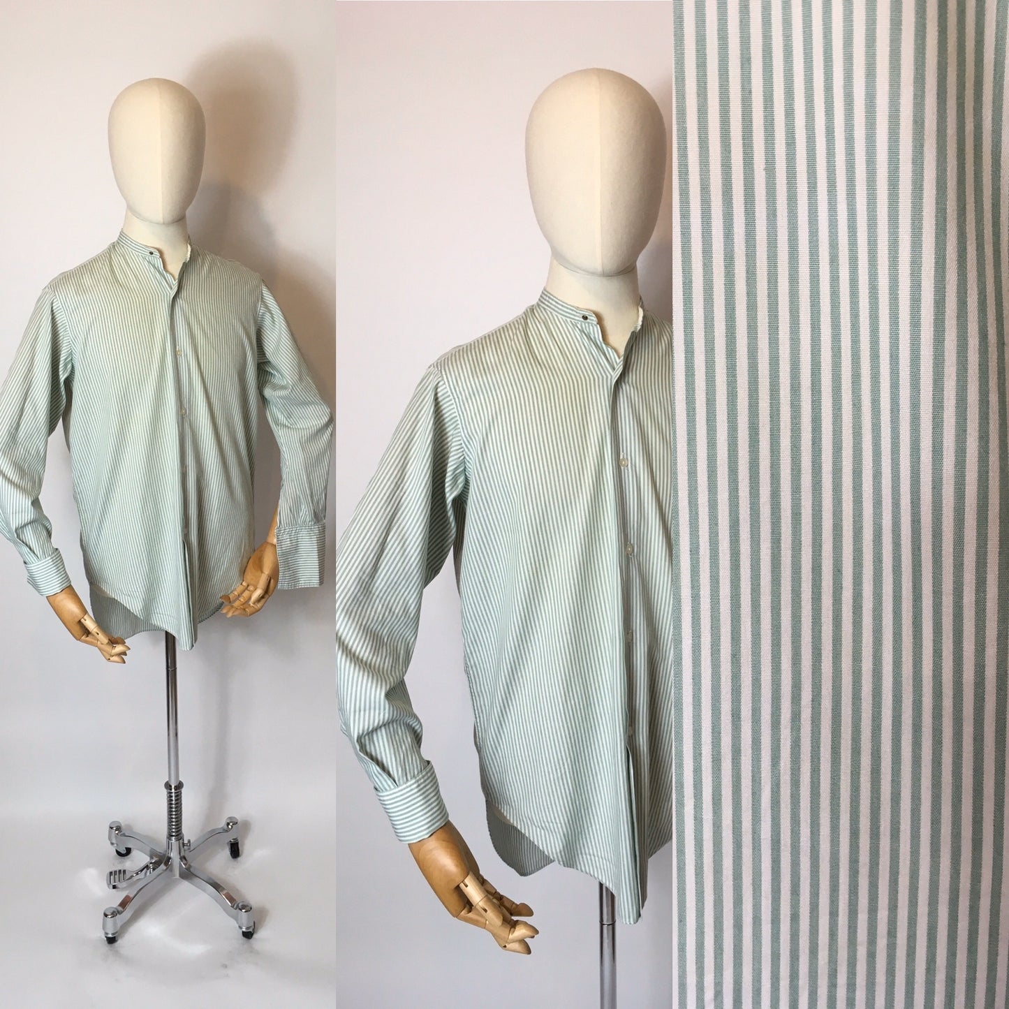 Original Gents Collarless Shirt with Double Cuff - In a Lovely Green and White Stripe