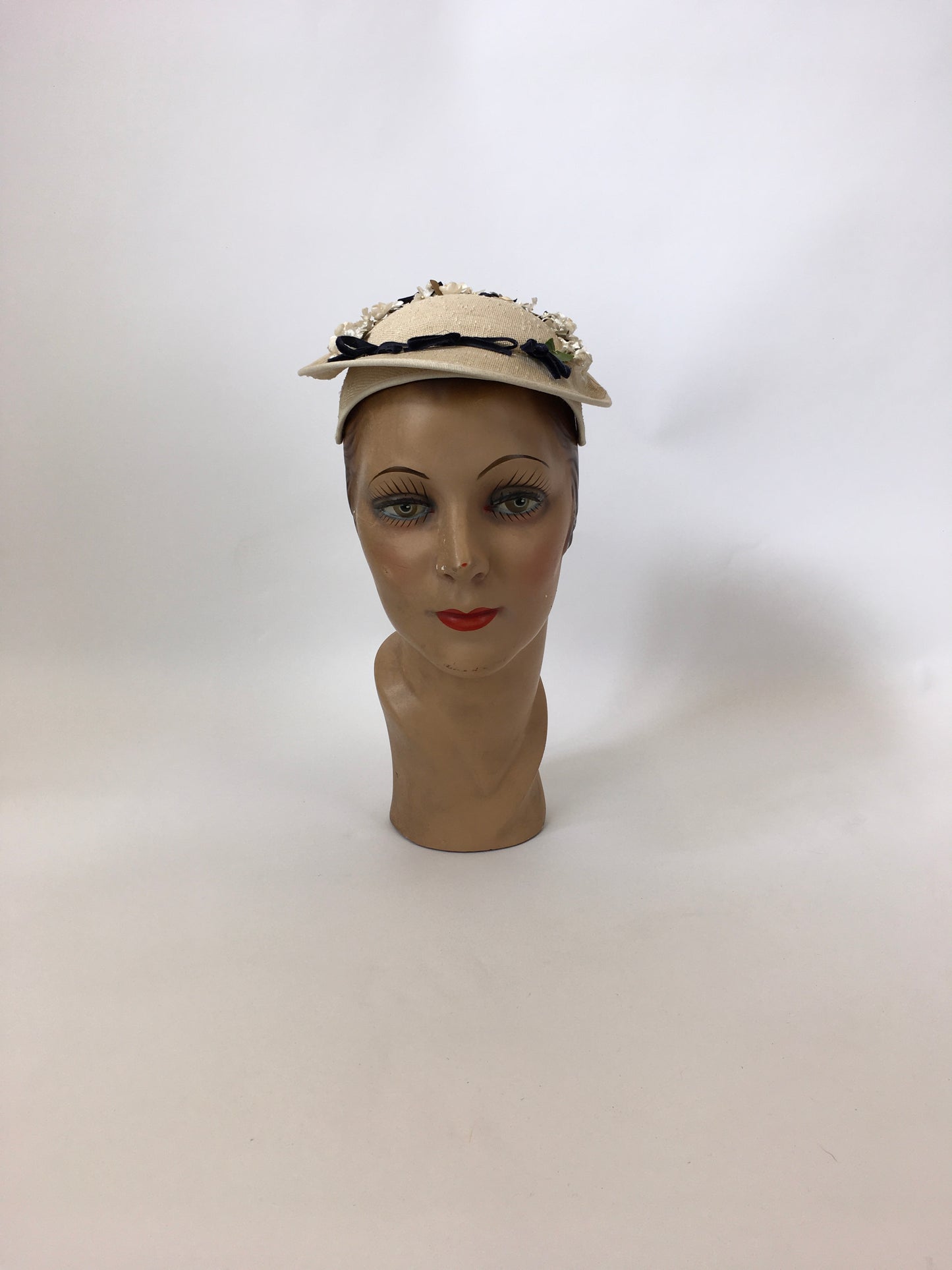 Original 1950’s Darling Natural Straw Headpiece - With Millinery Flora and Navy Velvet Bows