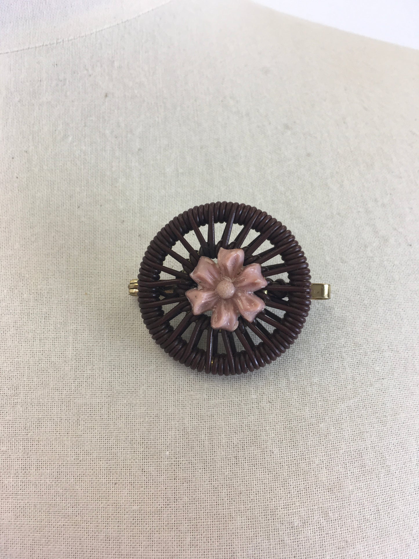 Original 1940’s Make do and Mend Telephone Cord Brooch - In Brown & Pink