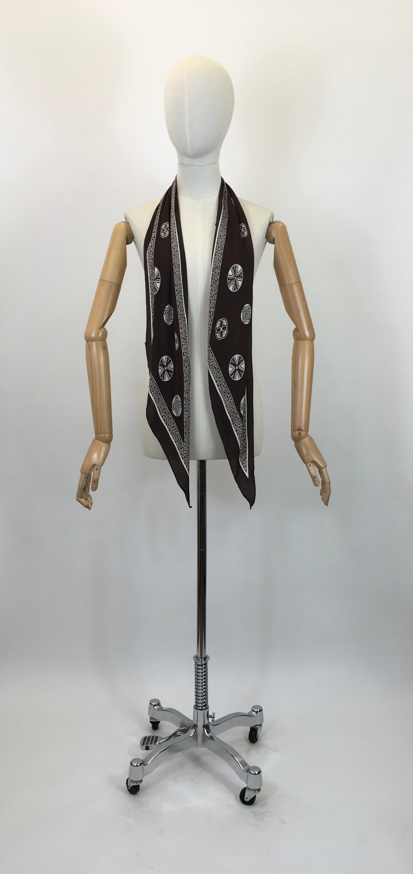 Original 1930's / 1940's Rayon Silk Deco Scarf - In A Chocolate Brown and Off White