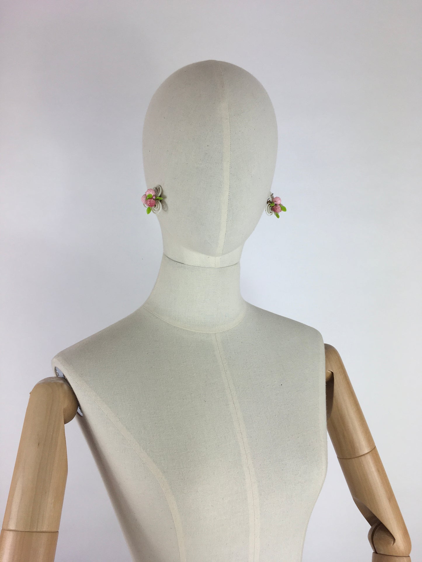 Original 1950s Clip on Earrings - In a Fabulously Fun Petal Design with Rosebuds in Pink, White and Green