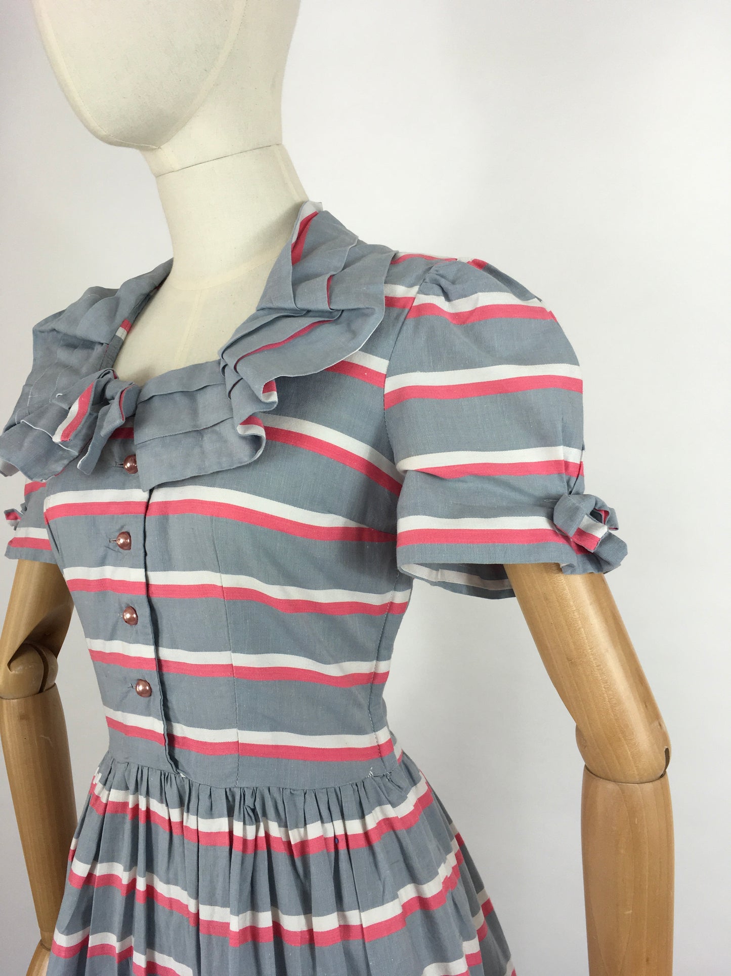 Original Early 1940s Cotton Day Dress - Lovely Stripe In Soft Greys, Bright Pinks and White