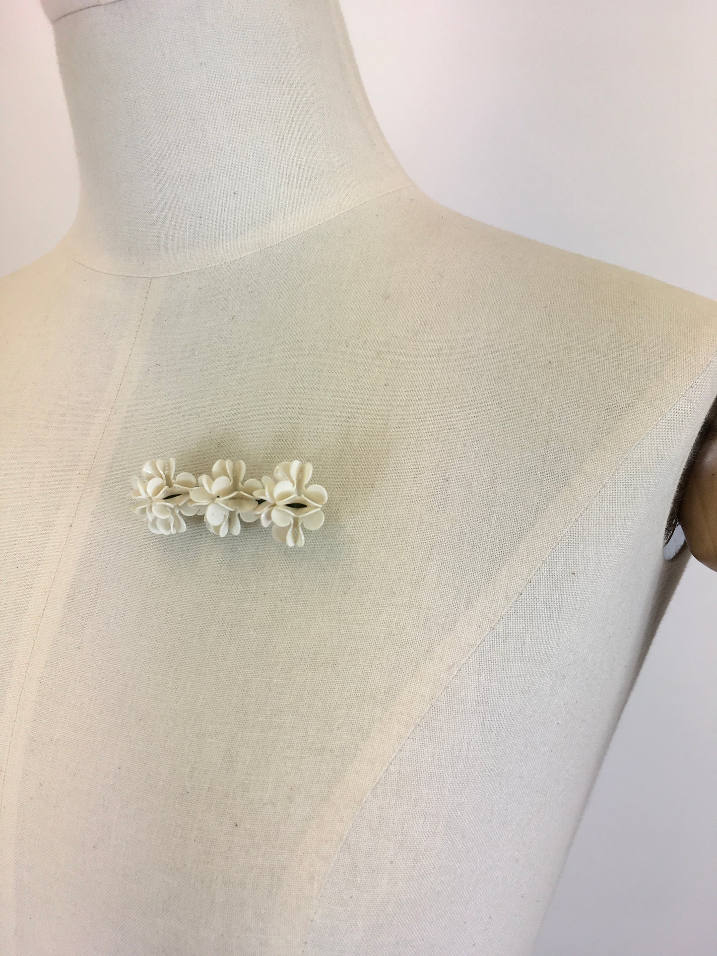 Original Late 1930’s Early 1940’s Celluloid Flora Bar Brooch - In Old White