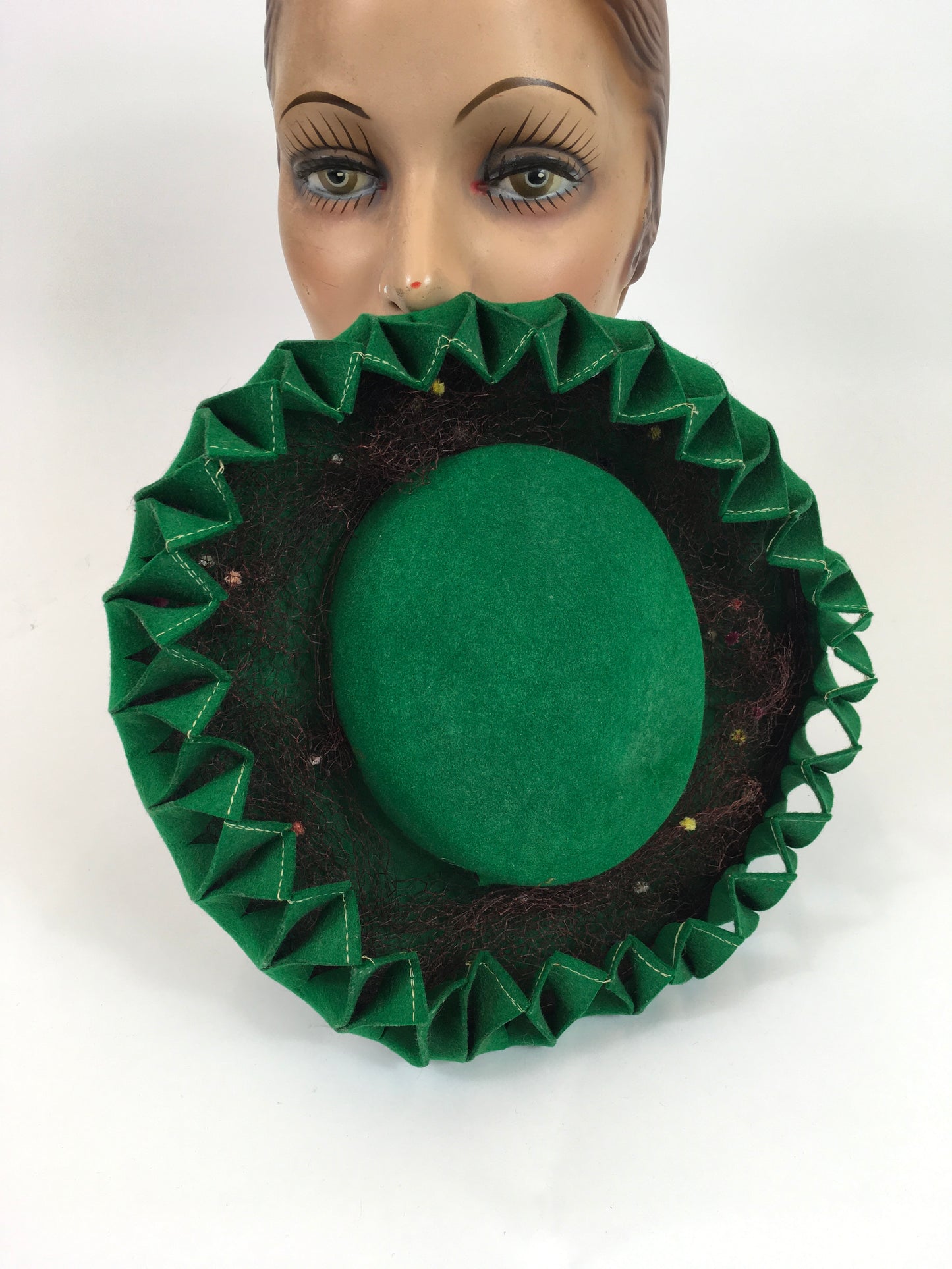 Original 1940’s SENSATIONAL Bottle Green Pancake Hat - With Cutwork and Multi Colour Veiling