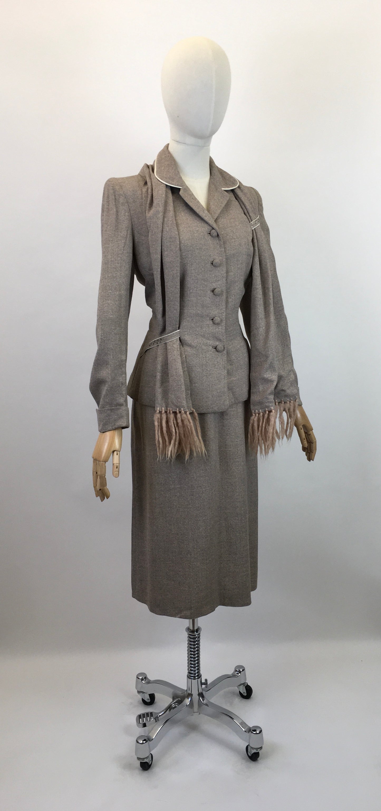 Original 1940's STUNNING 3pc Suit - In Soft Fawn with A Draped Tasselled Scarf