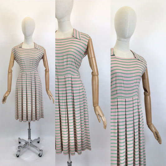 Original Late 1940’s Early 1950’s Cute Cotton Day Dress - In A Soft Cotton Stripe in Sage Green & Powdered Rose