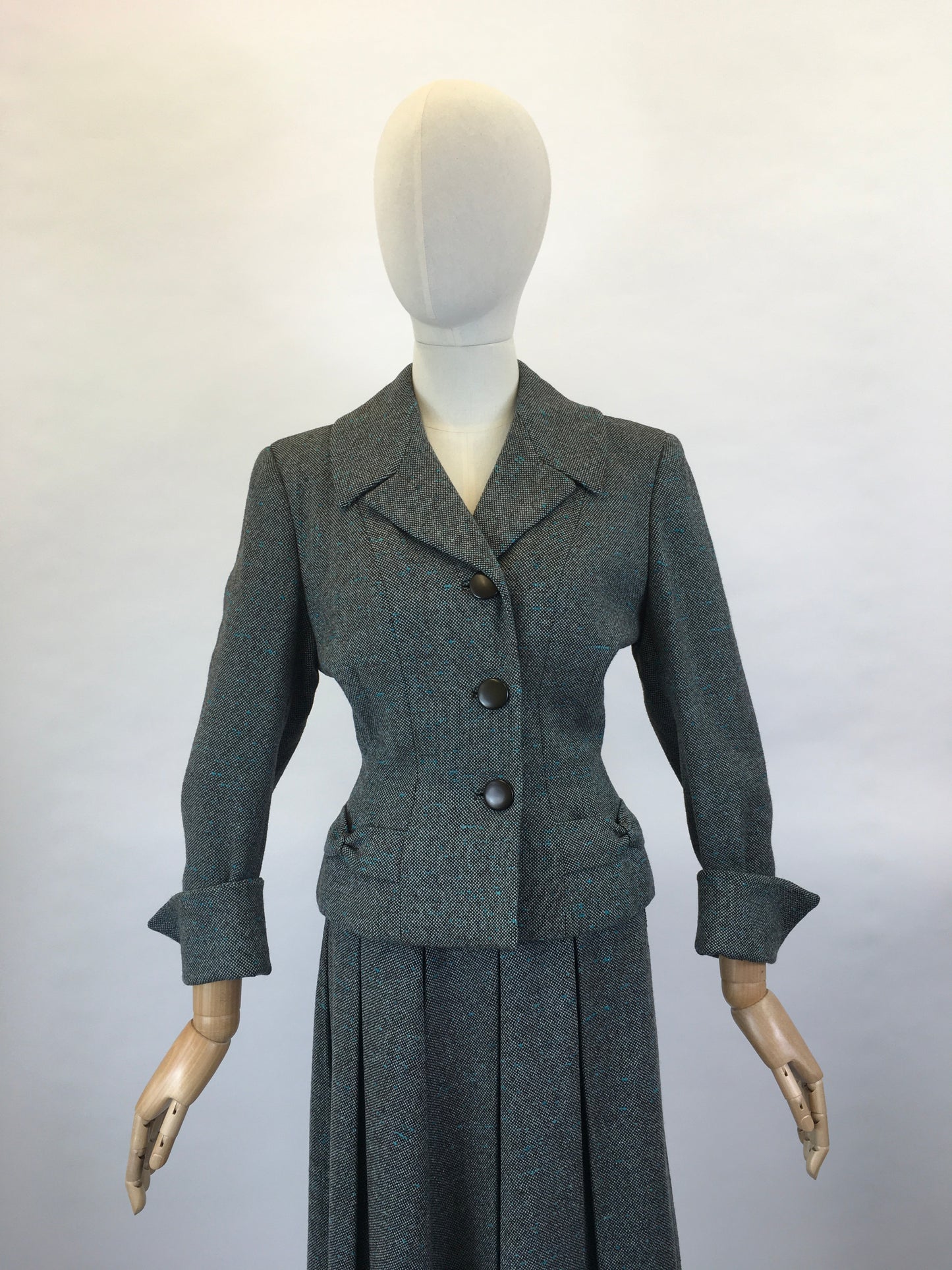 Original late 1940’s 2pc Woollen Suit by ‘ Harella’ - Grey Toned with a Bright Teal Fleck