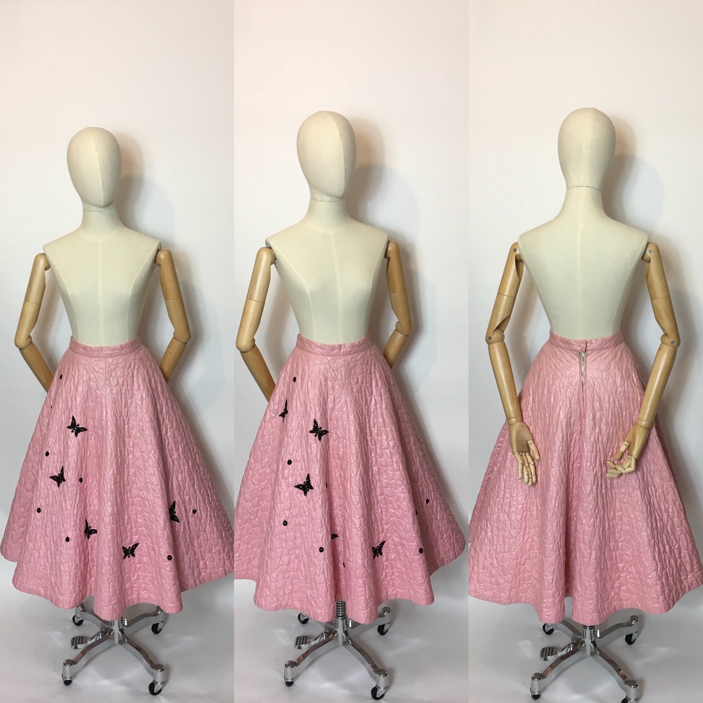 Original Darling 1950's quilted full circle skirt - In a Cute pink featuring black embelished Butterflies