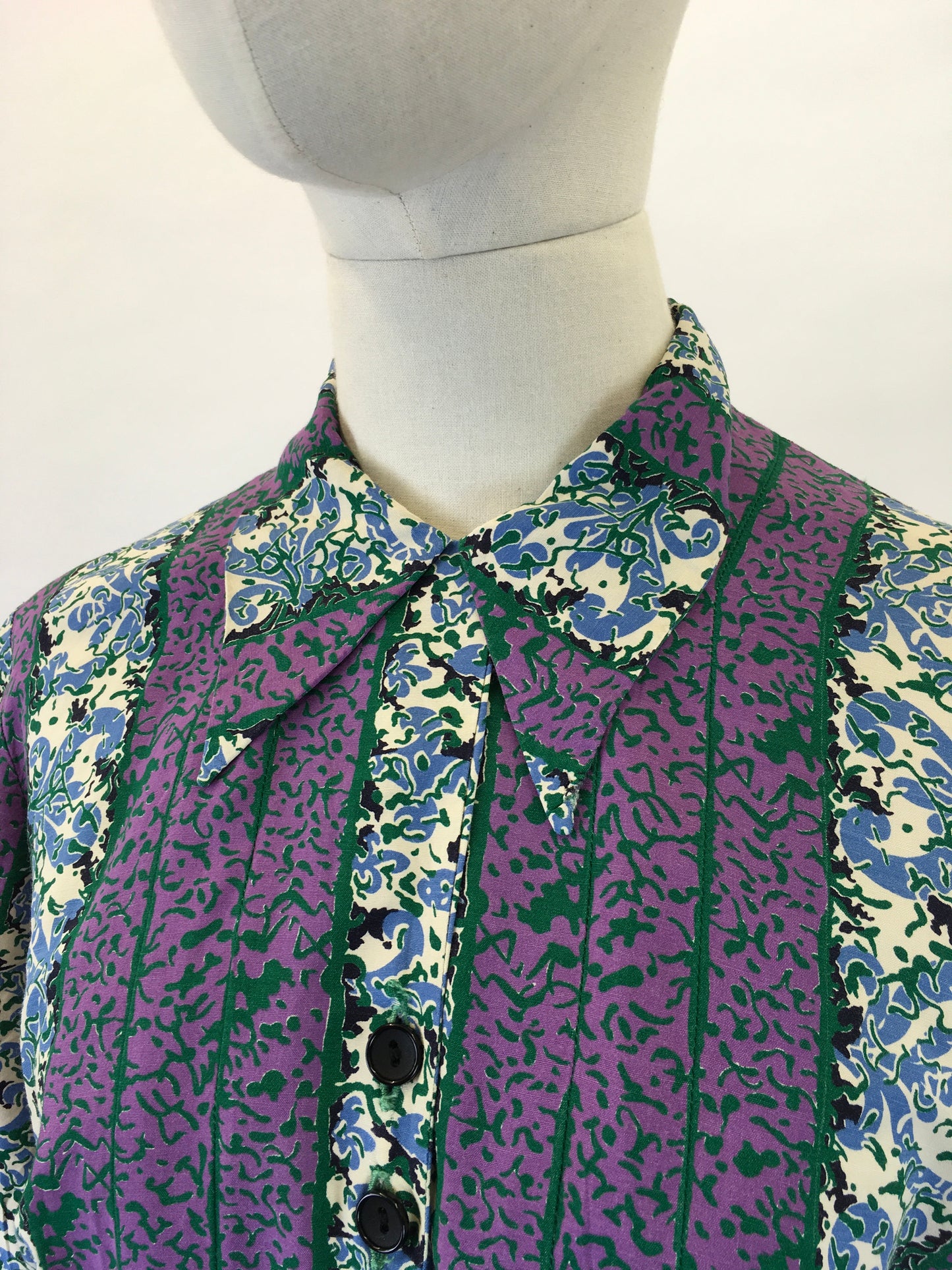 Original 1940s Rayon Dress - In Lovely Rich Purples, Greens and Whites with Florals and Stripes