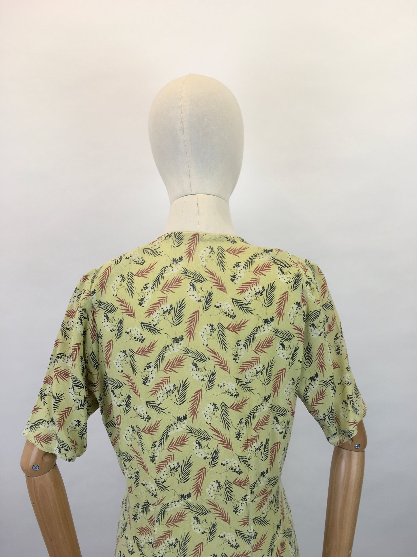 Original 1940s Day Dress - In a Lovely Chartreuse Crepe with Wheat / Leaf Print In Charcoal, Rust and White