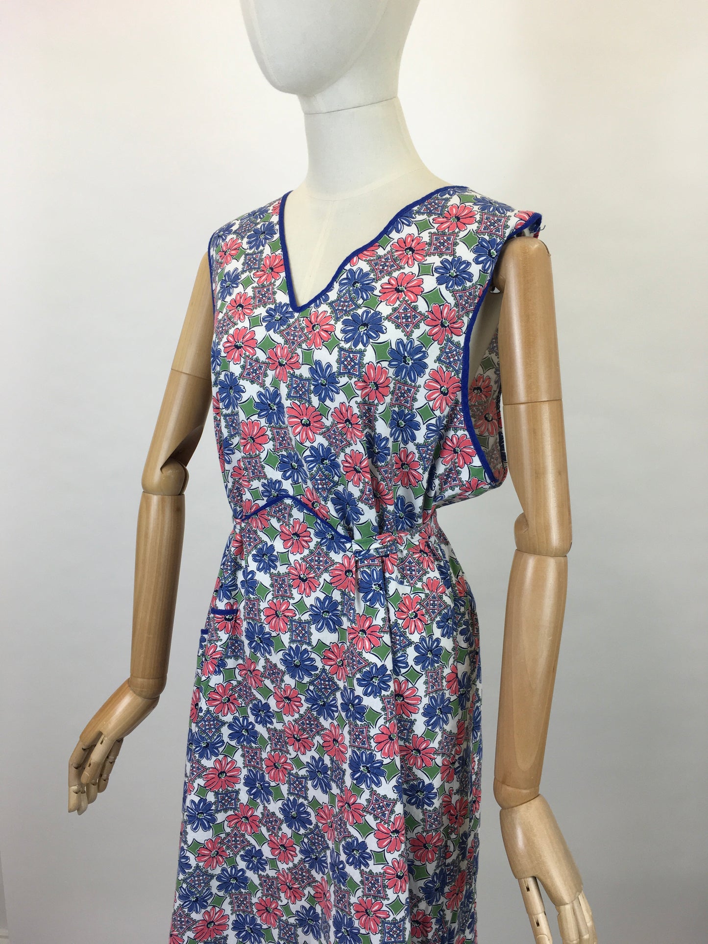 Original 1940’s Beautiful Floral Cotton Full Pinny - In Blues, Soft Pinks and Greens