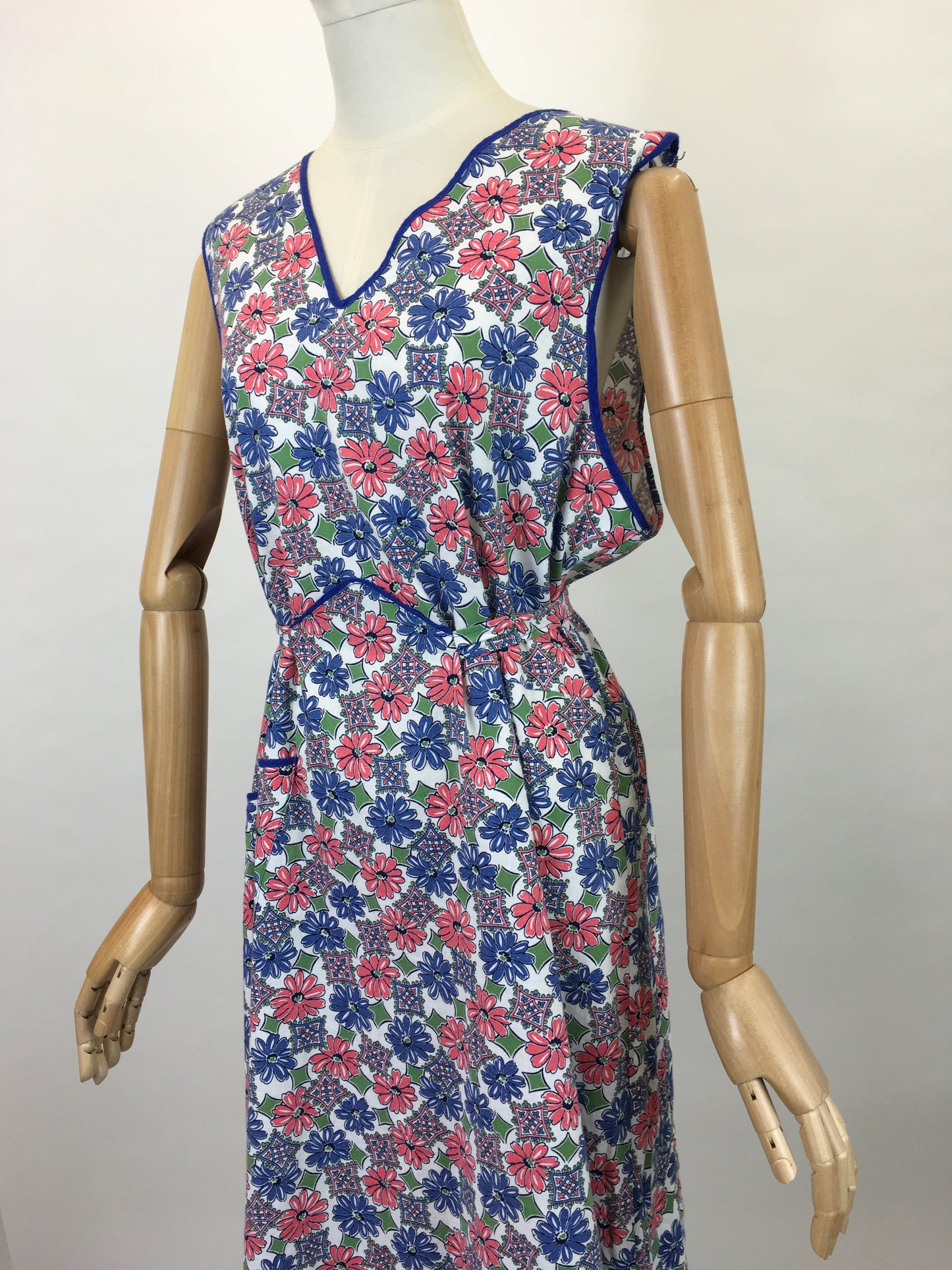 Original 1940’s Beautiful Floral Cotton Full Pinny - In Blues, Soft Pinks and Greens