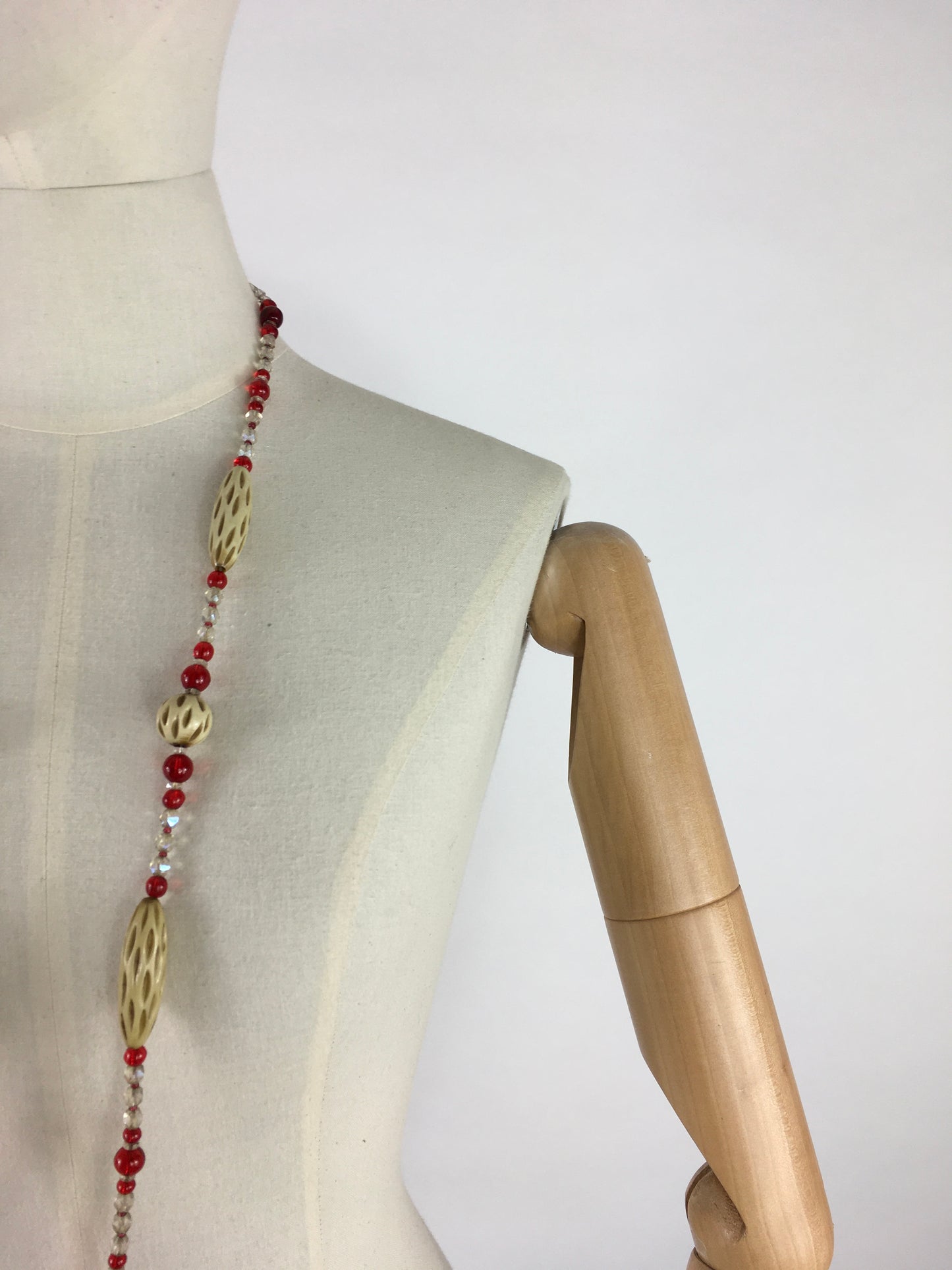 Original 1930s Long Line Necklace - In a Contrast Glass Bead and Celluloid in Reds, Clear and Soft Cream