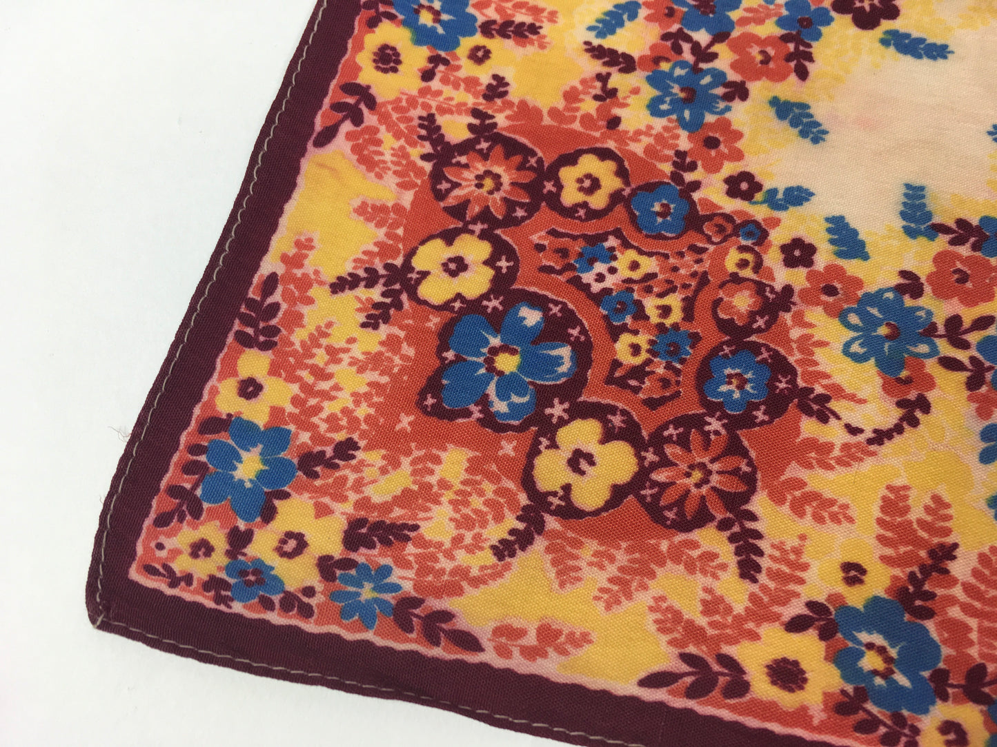 Original 1940’s / 1950’s Rayon Hankie -  In A Lovely Floral In Burgundy, Oranges, Blues and Yellows