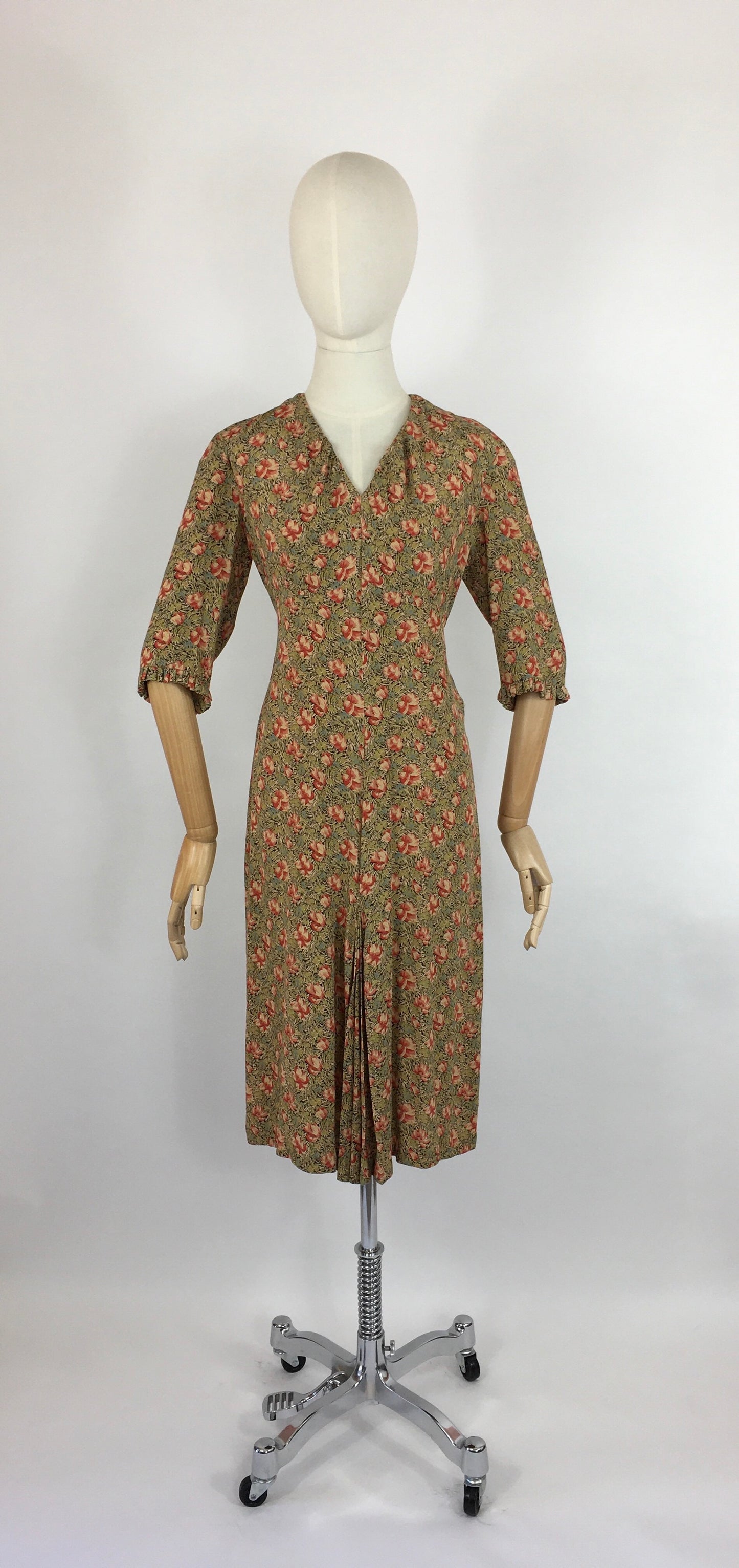 Original 1930s Exquisite Dress - In a Breathtaking Colour Palette Of Warm Rose Pinks and Reds, Tonal Greens and Powder Blues on a Floral Crepe