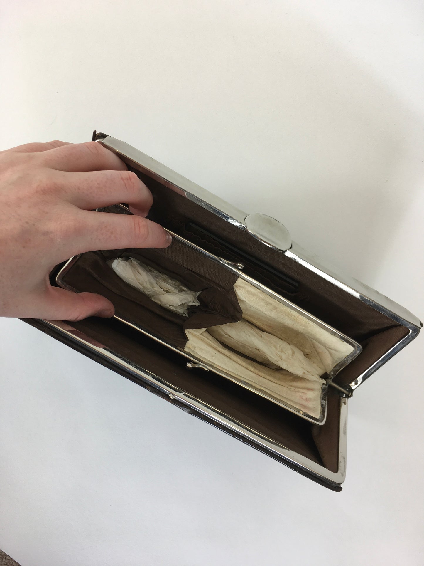 Original 1930’s Deco Crocodile Clutch Handbag - In A Warm Brown with Chrome Detailing