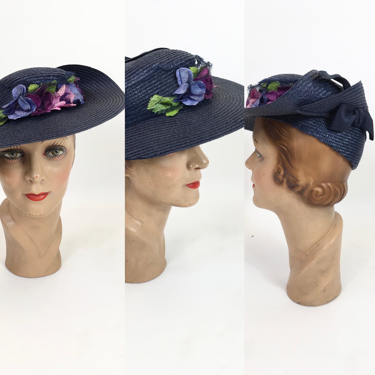 Original 1930’s Stunning Straw Hat - In A Deep Navy With Florals
