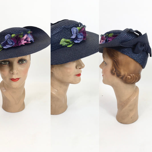 Original 1930’s Stunning Straw Hat  - In A Deep Navy With Florals