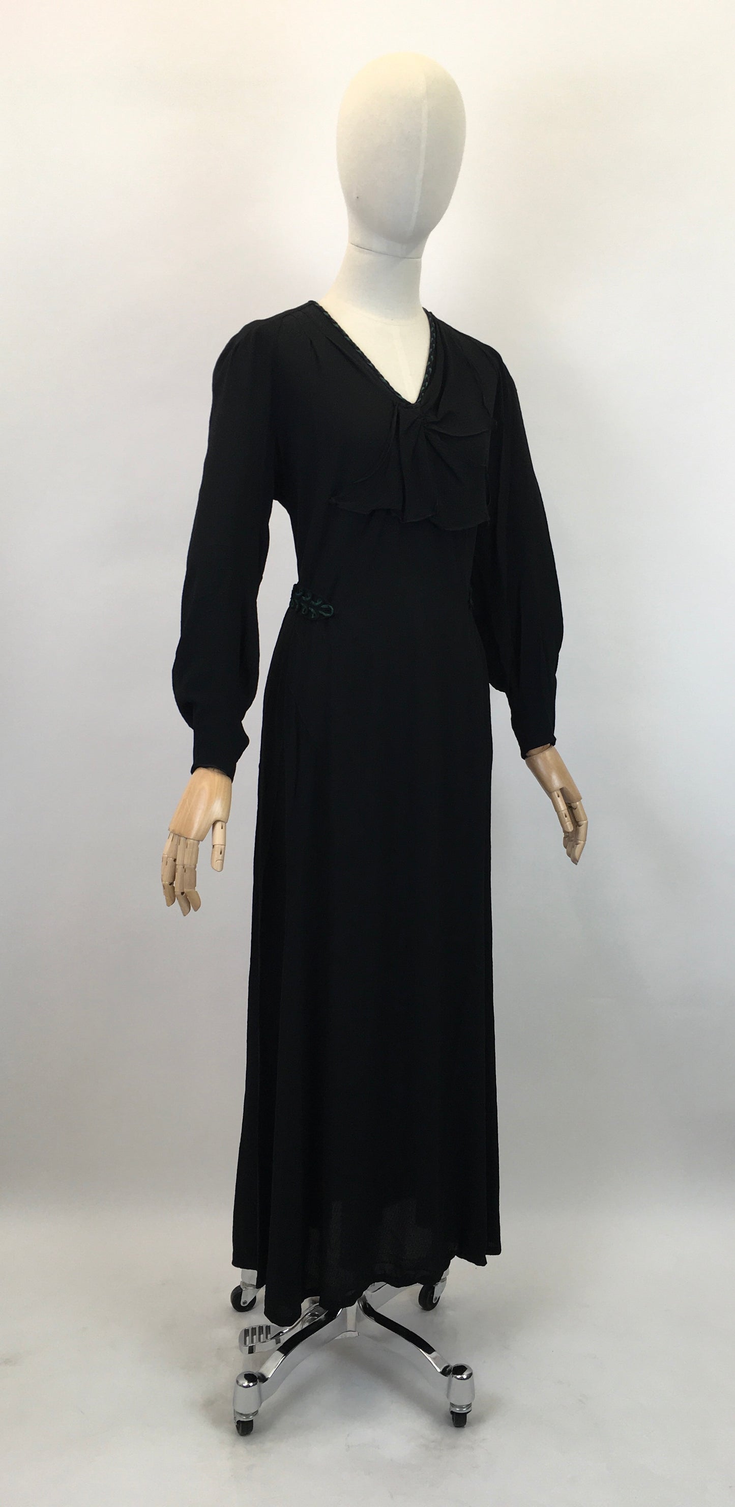 Original 1930's Sensational Evening Dress in Sheer Crepe - In Inky Black with Bottle Green Accents