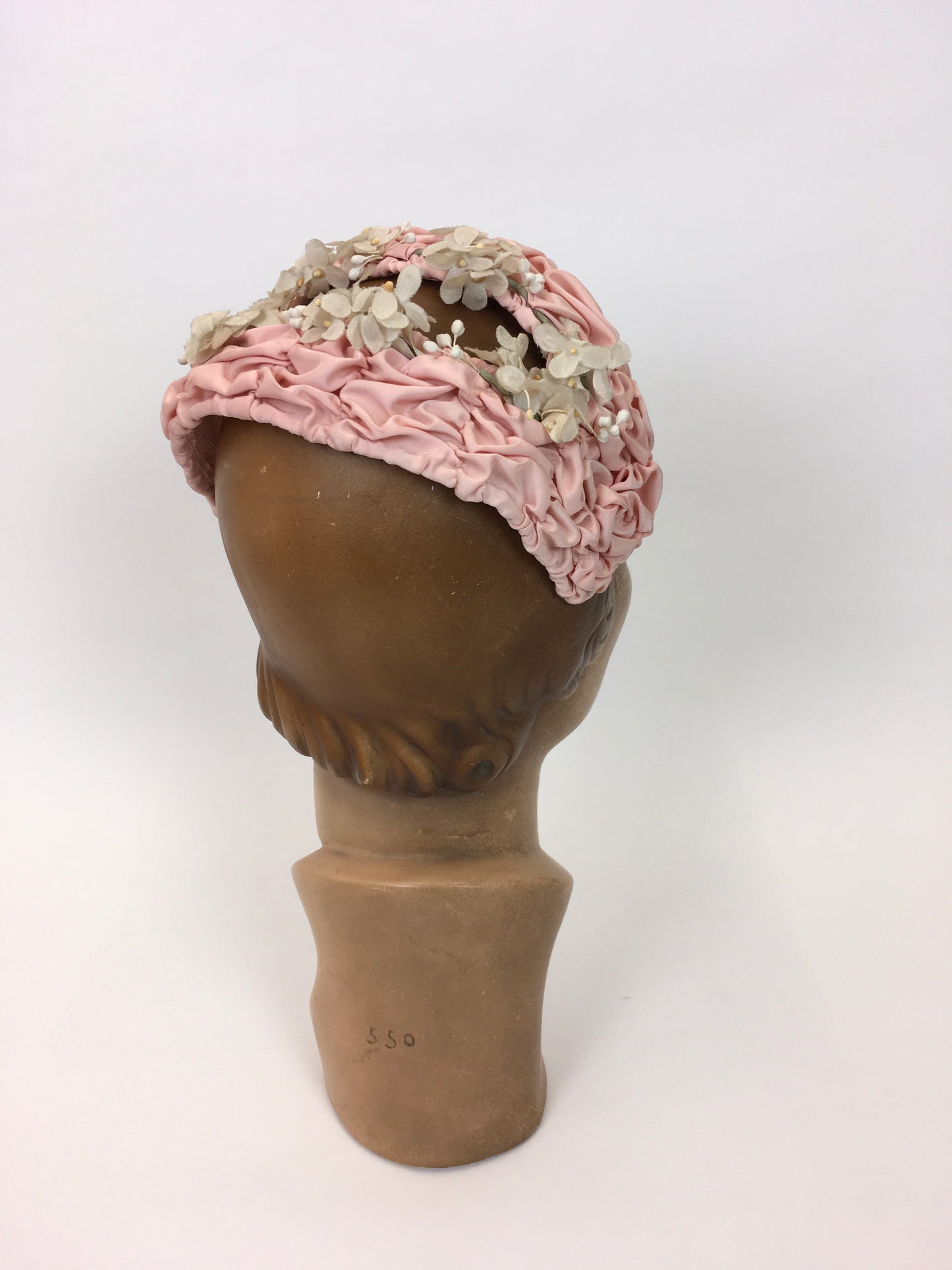 Original 1950s Pink Ruched Headpiece - Adorned with Beautiful Delicate Ivory Florals