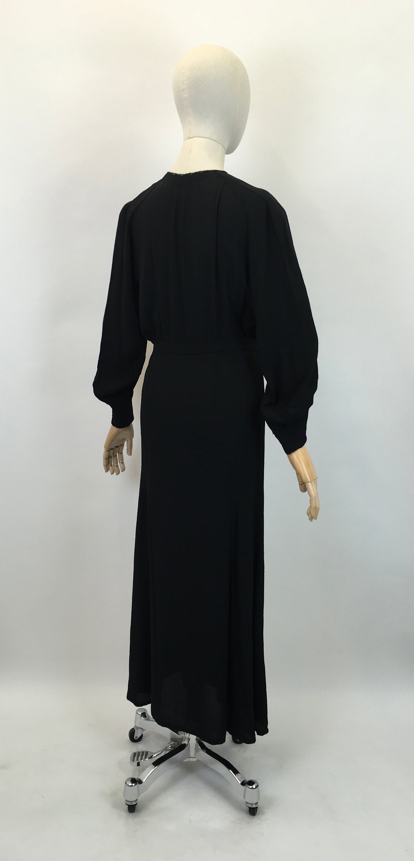 Original 1930's Sensational Evening Dress in Sheer Crepe - In Inky Black with Bottle Green Accents