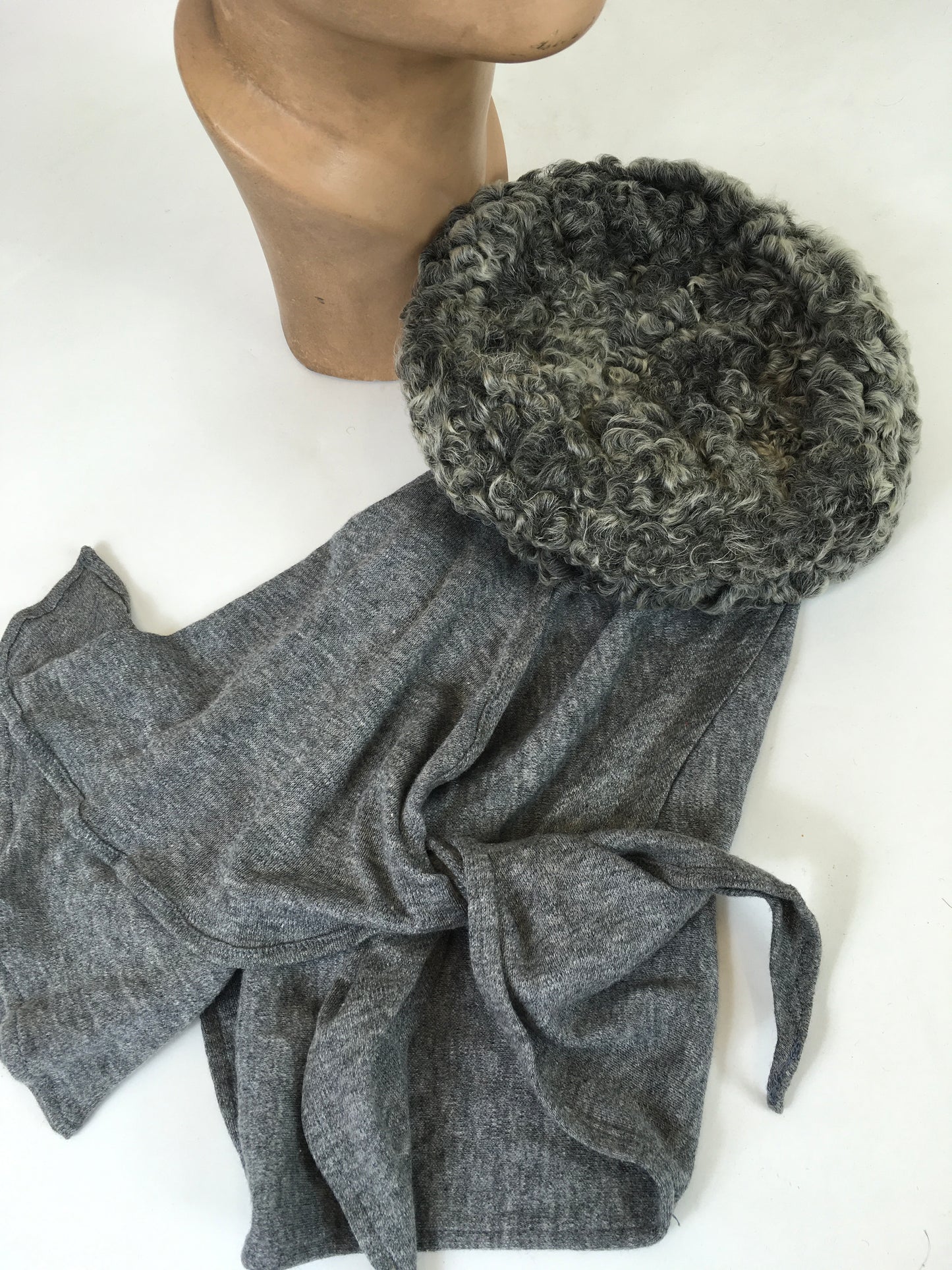 Original 1940's Sensational Astrakhan Wimple Style Hat - In Grey Marl with Detachable Scarf