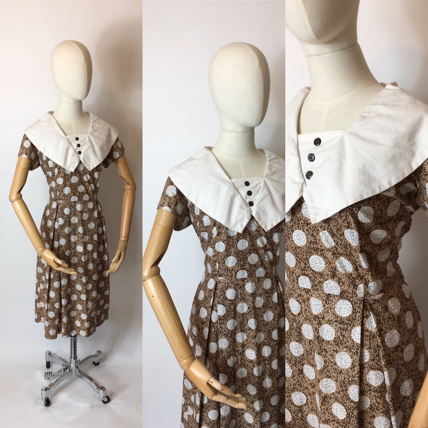 Original 1950s Cotton Day Dress - Lovely Geometric Print in Browns, Beiges and Whites