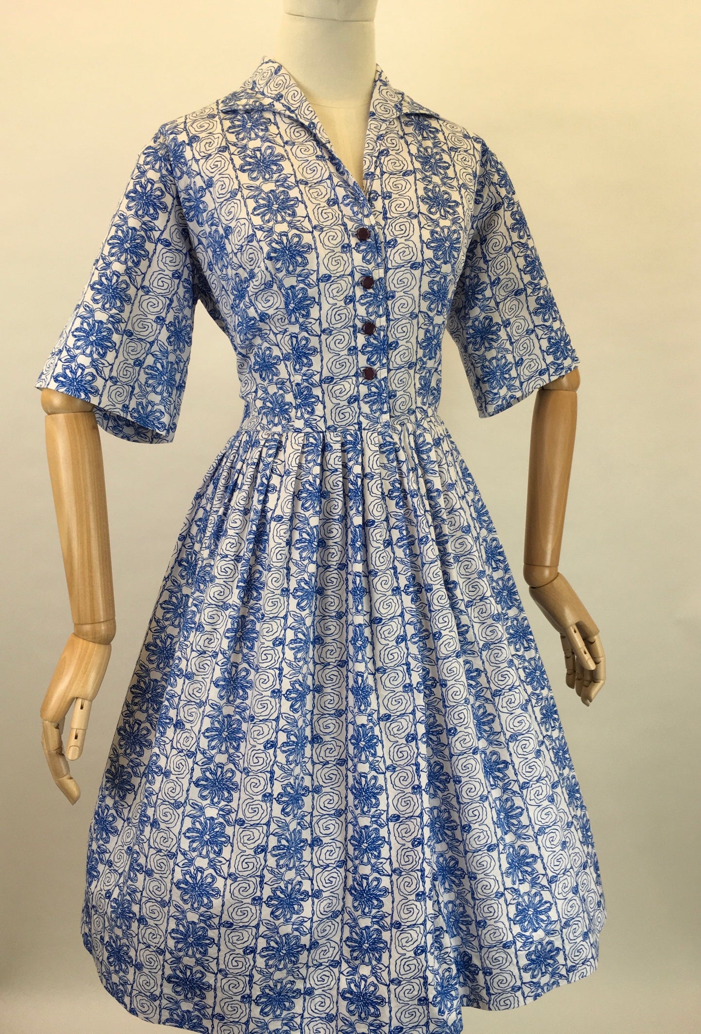 Original 1950s Cotton Day Dress - In a Lovely Cobalt Blue and White Scribble Fabric