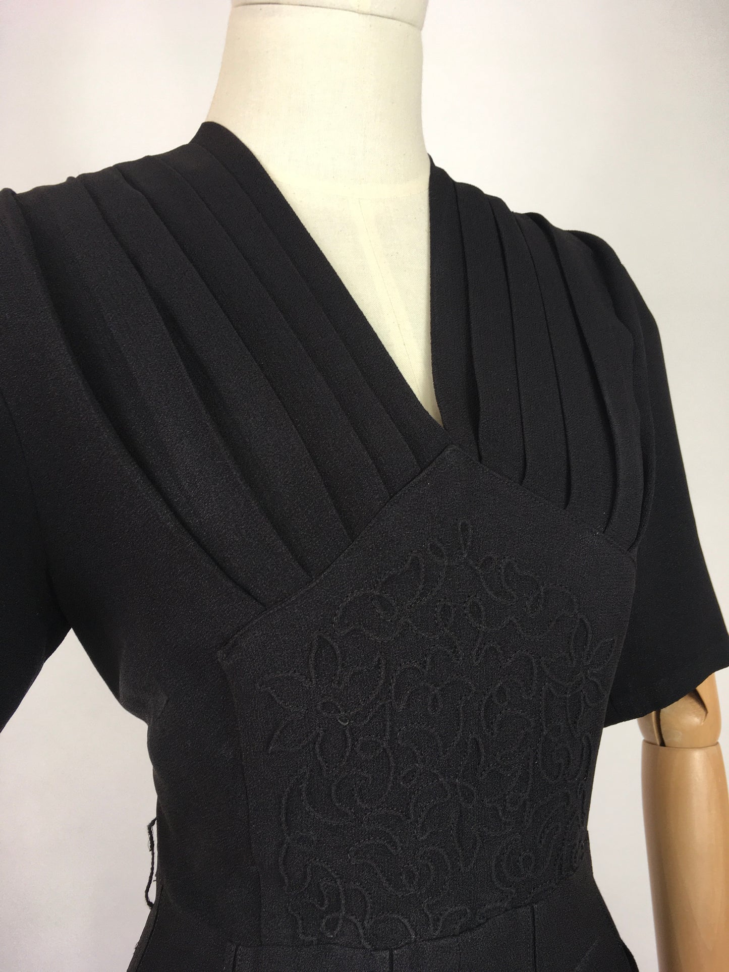 Original 1940’s Black Crepe Dress - With a Lovely Soutache Waist Panel Detailing