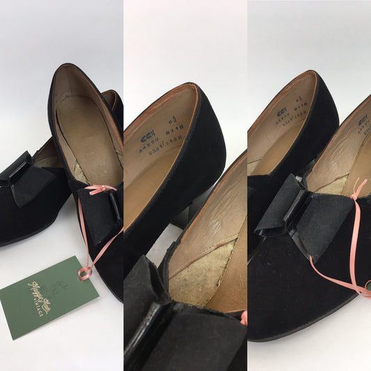 Original 1940s CC41 Black Suede Shoes - With a Shapes Bow Detailing to the Front Uk 6.5