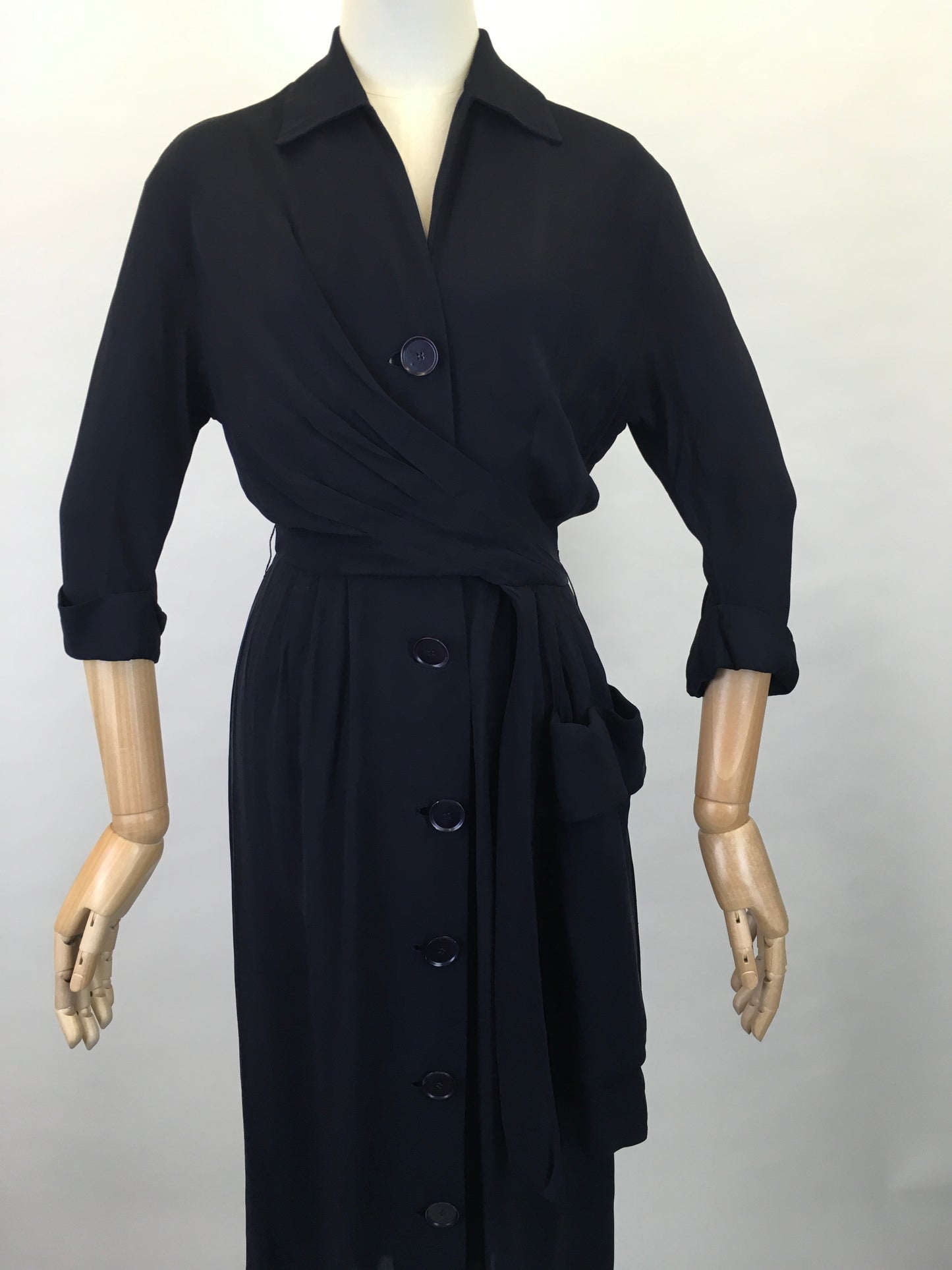 Original 1940s Stunning ‘ Herbert Stonheim ‘ Couture Dress - In a Navy Sheer Rayon with Wrap Hip Swag and Pocket