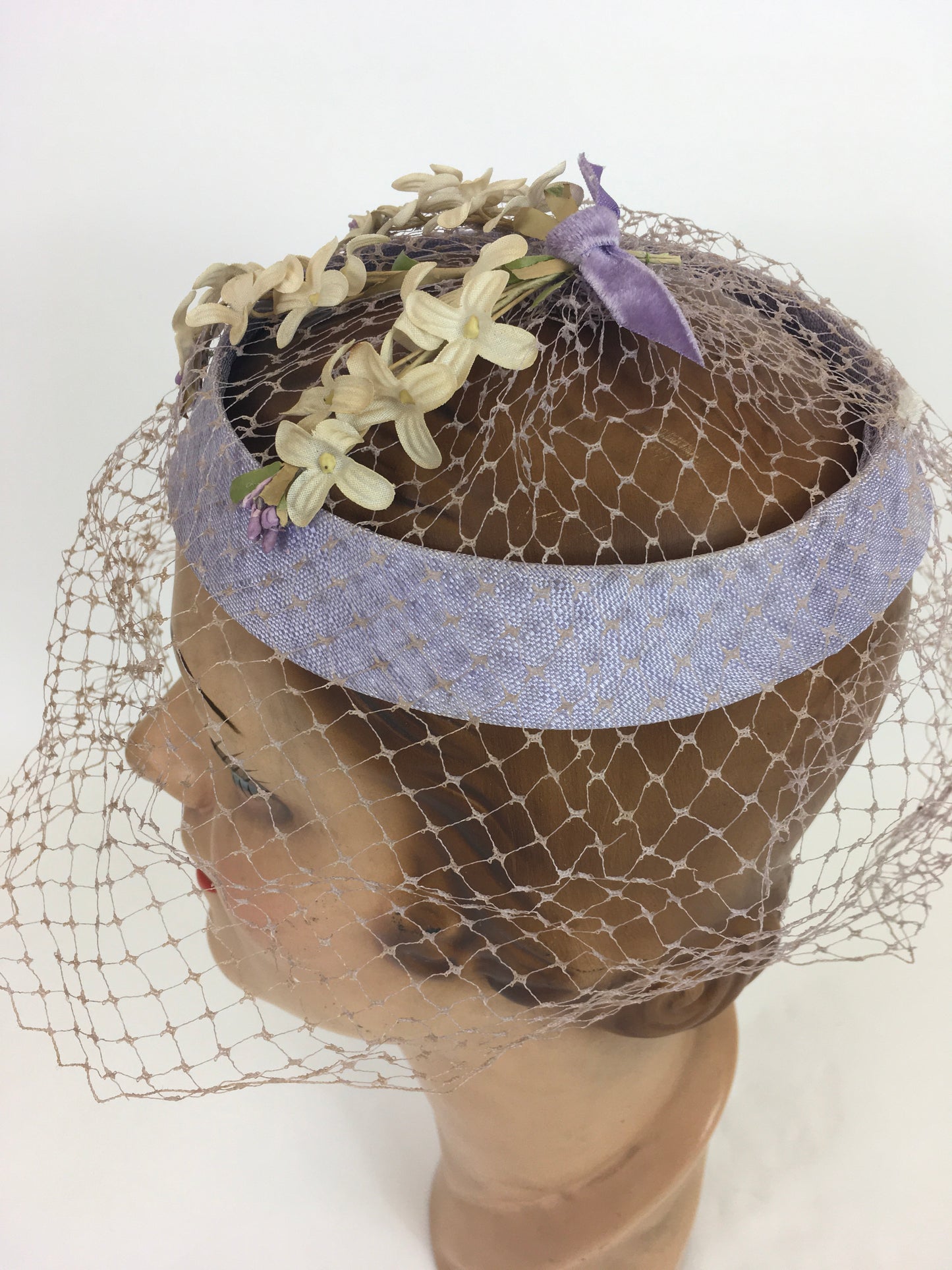Original 1950’s Soft Lilac Headpiece - With Delicate Ivory Floral Millinery and Powdered Veiling