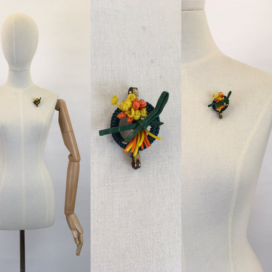 Original 1940s Make Do and Mend Telephone Wire Brooch - In Bright Yellow, Orange and Green