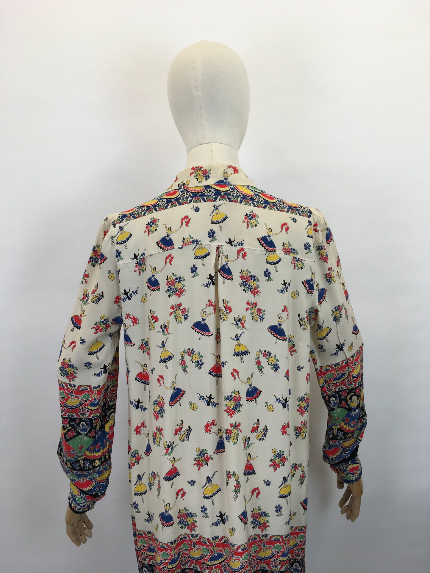 Original 1940s CC41 St. Michael Novelty Print Smock - In Fabulous Dancer Print in Bright Primary Colours