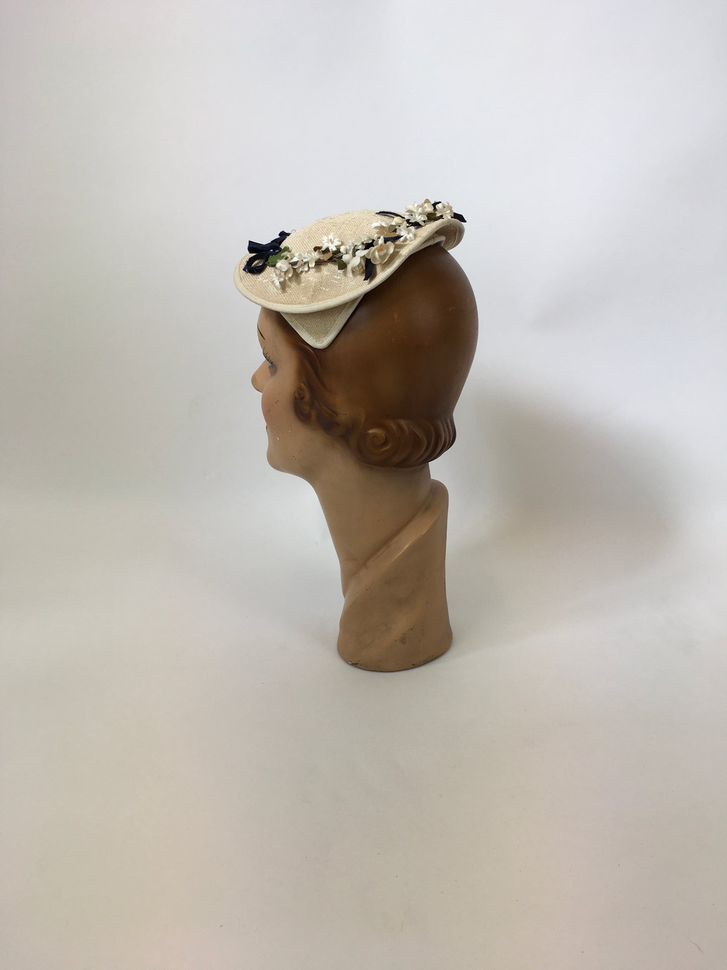 Original 1950’s Darling Natural Straw Headpiece - With Millinery Flora and Navy Velvet Bows