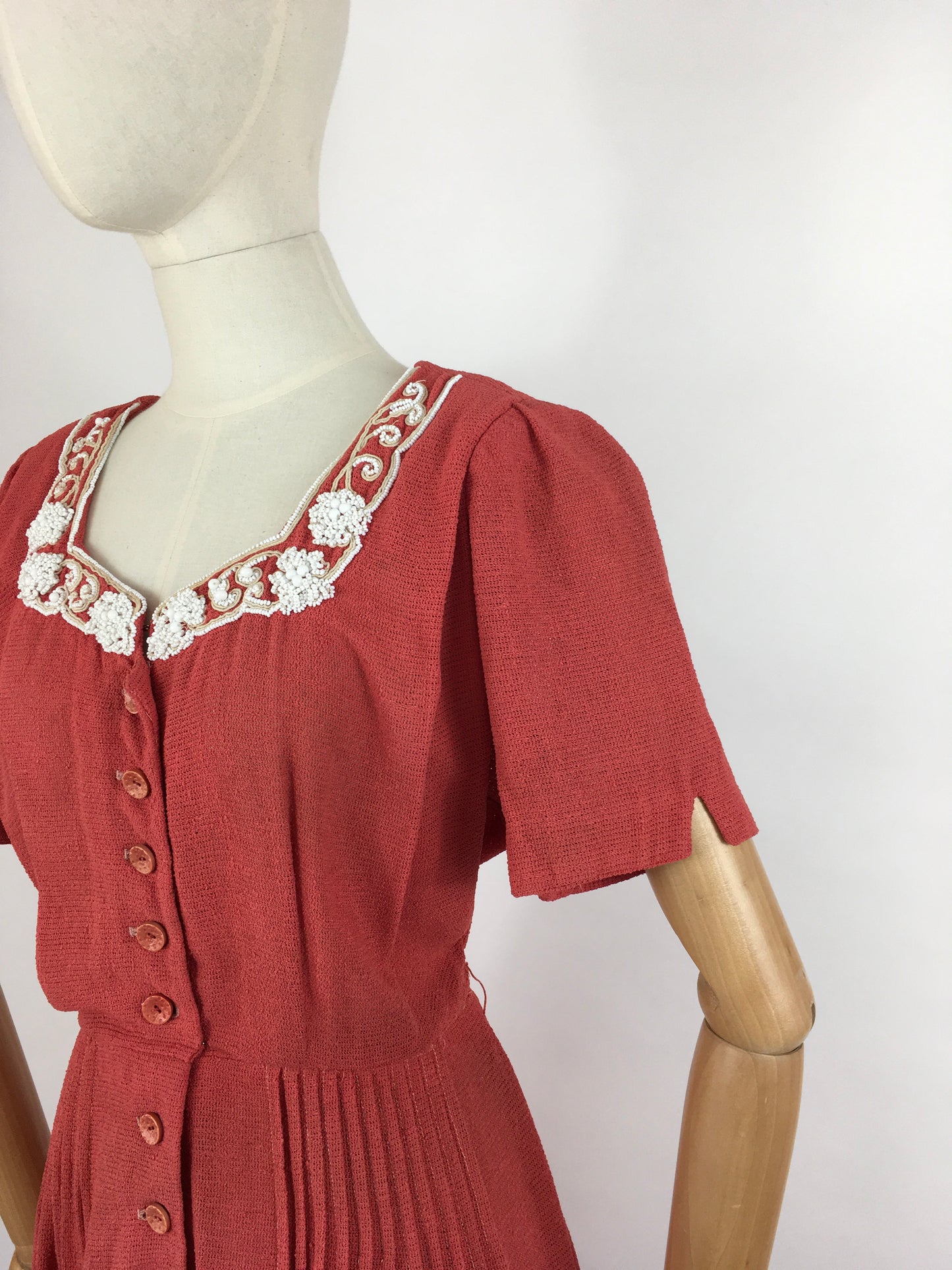 Original 1940’s Dress By ‘ Travelcraft by Sportscraft’ - In a Beautiful Deep Coral with White Floral Beadwork
