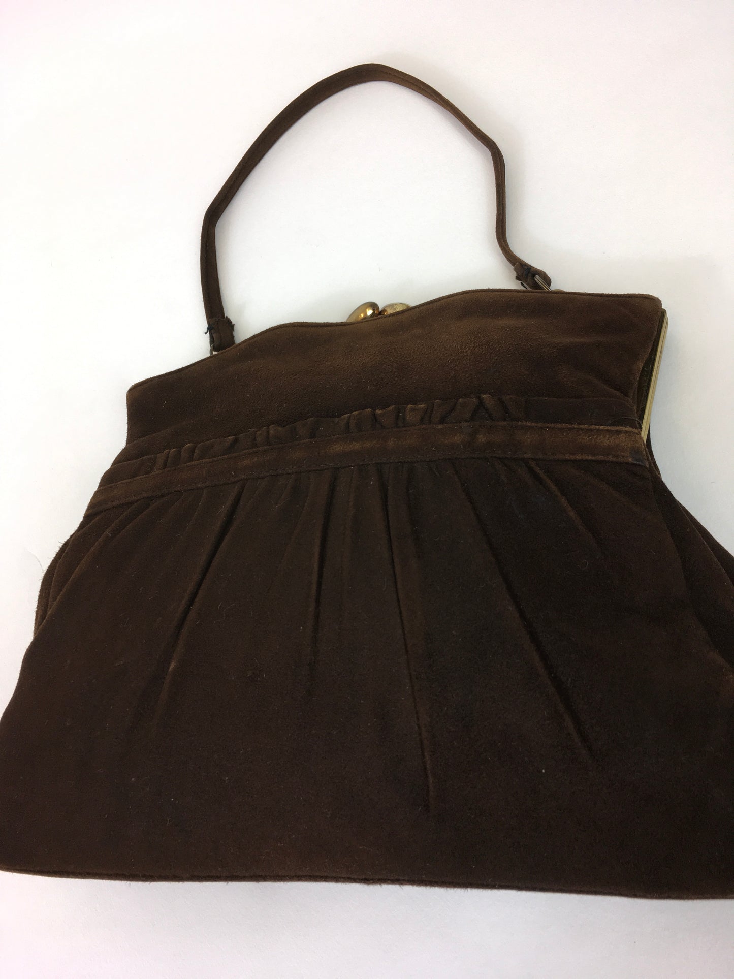 Original 1930s Darling Suede Handbag In Brown - Pleated Detailing To The Front