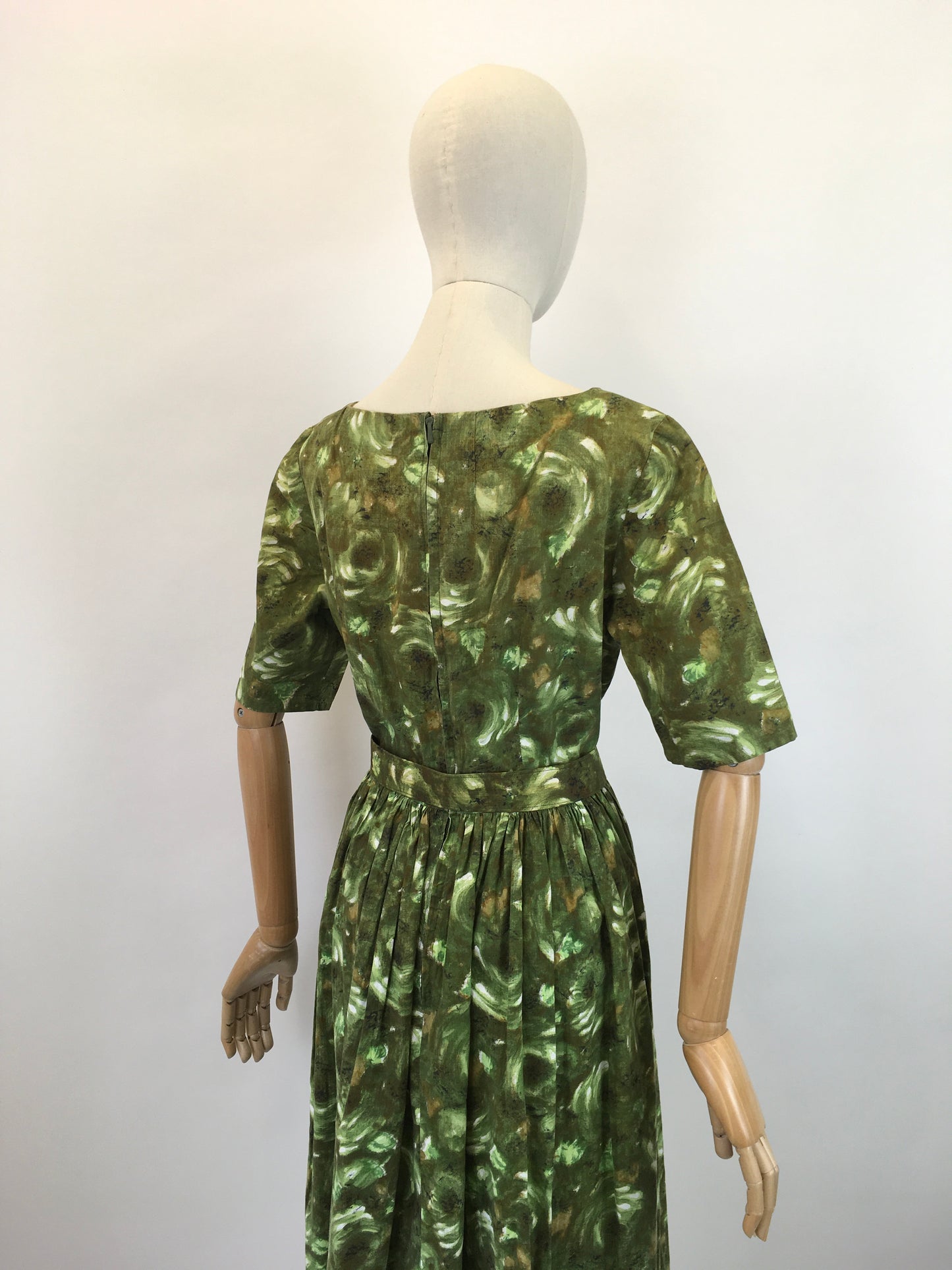 Original 1950's Darling Cotton Day Dress - In Fresh Greens & Chocolate Browns