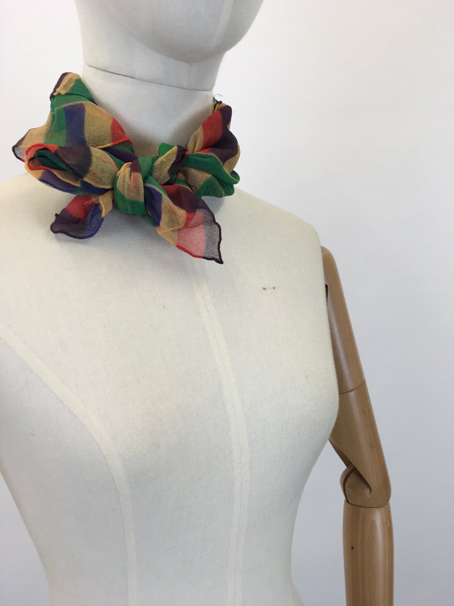 Original 1930's Exquisite Rainbow Chiffon Scarf - In Autumnal Brights of Burnt Orange, Green, Yellow and Blue