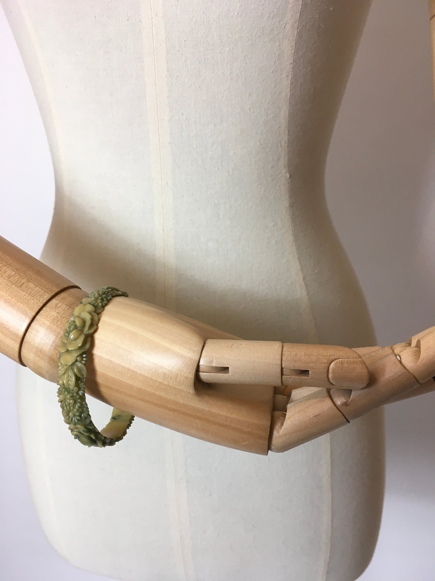 Original 1930’s Carved Floral Celluloid Bangle in Green / Cream - Festival of Vintage Fashion Show Exclusive