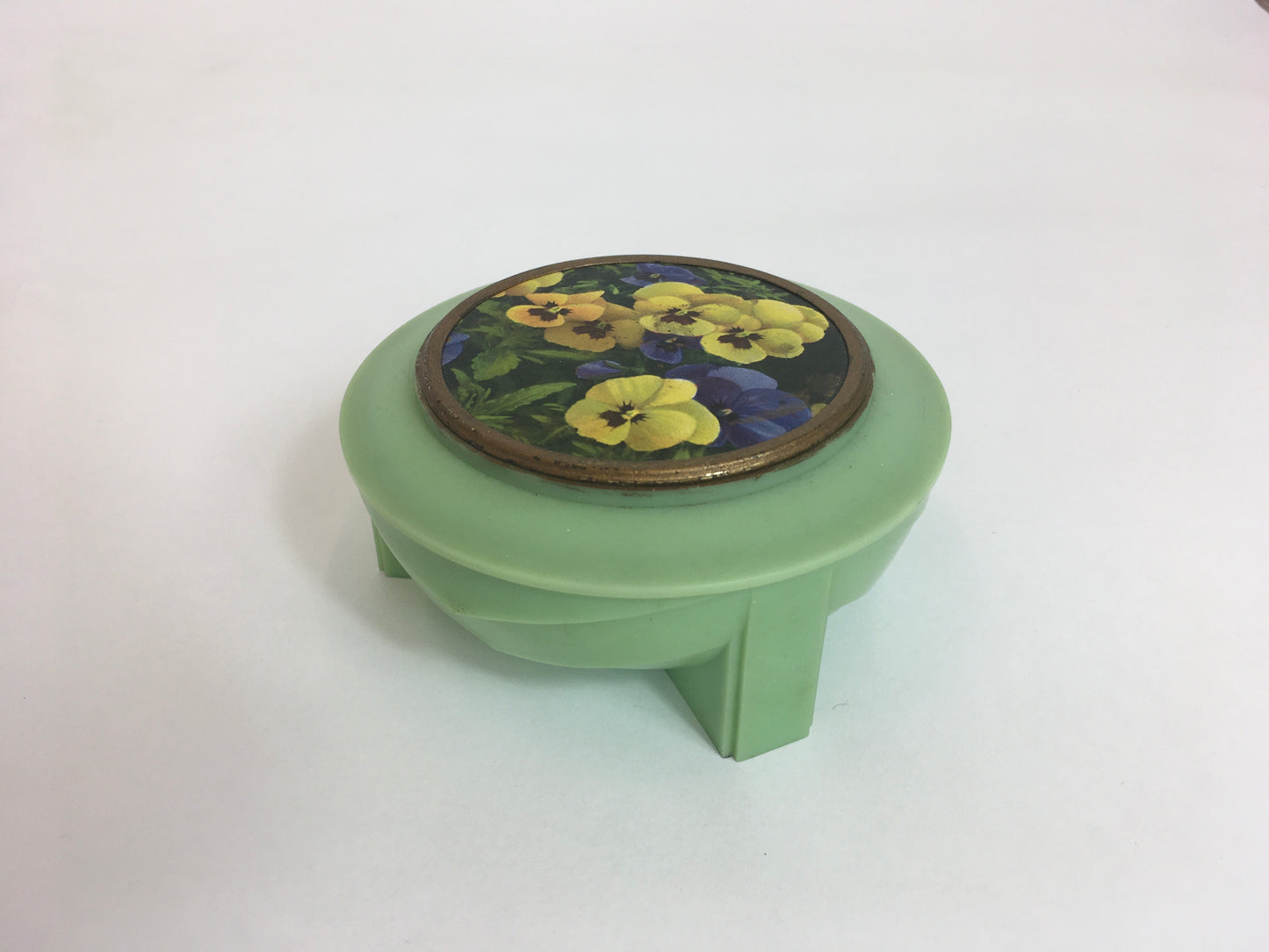 Original Late 1940’s Early 1950’s ‘ Du Barry’ Powder Pot - In Deco Mint Green with Pansy Posies Adornment