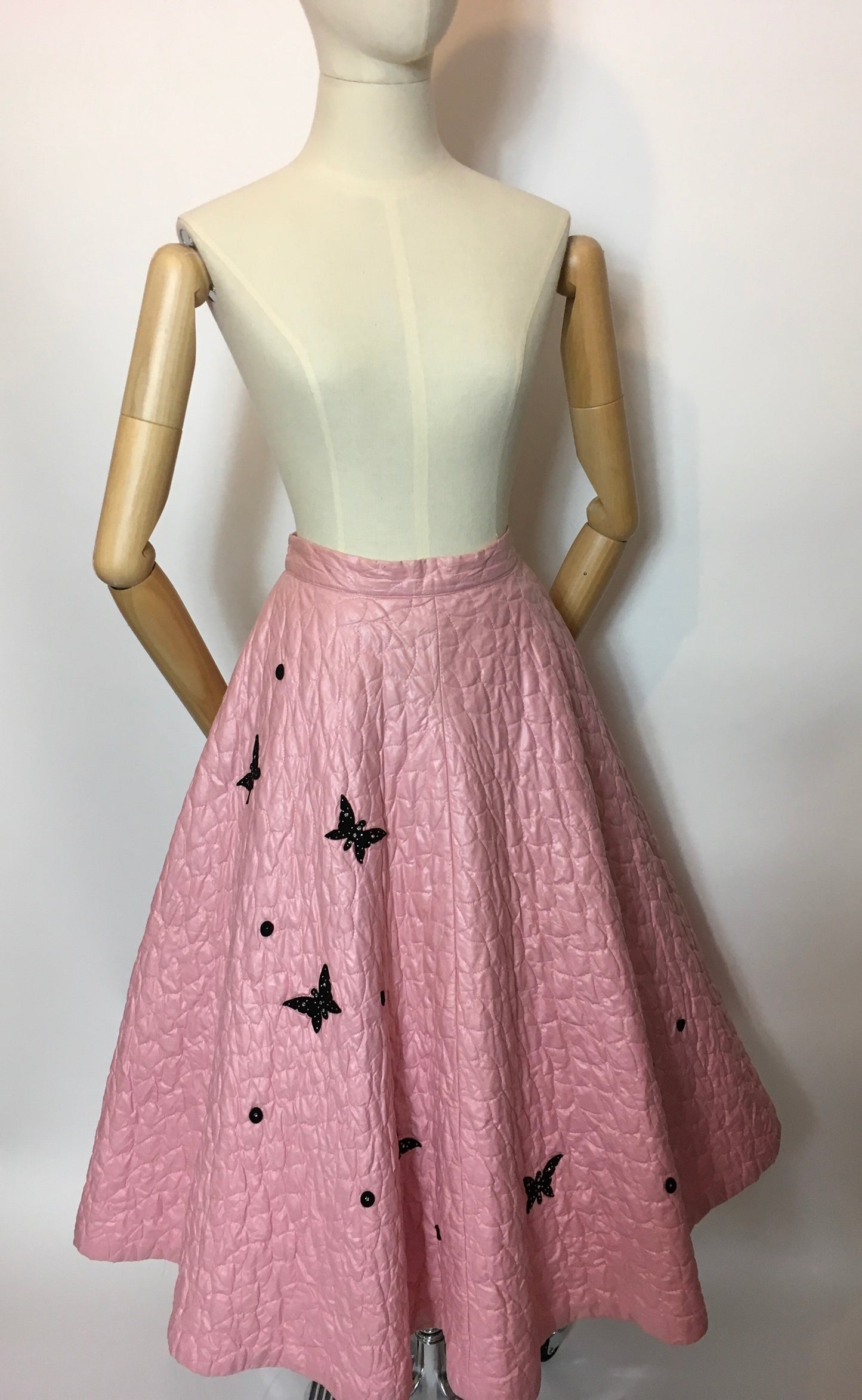 Original Darling 1950's quilted full circle skirt - In a Cute pink featuring black embelished Butterflies