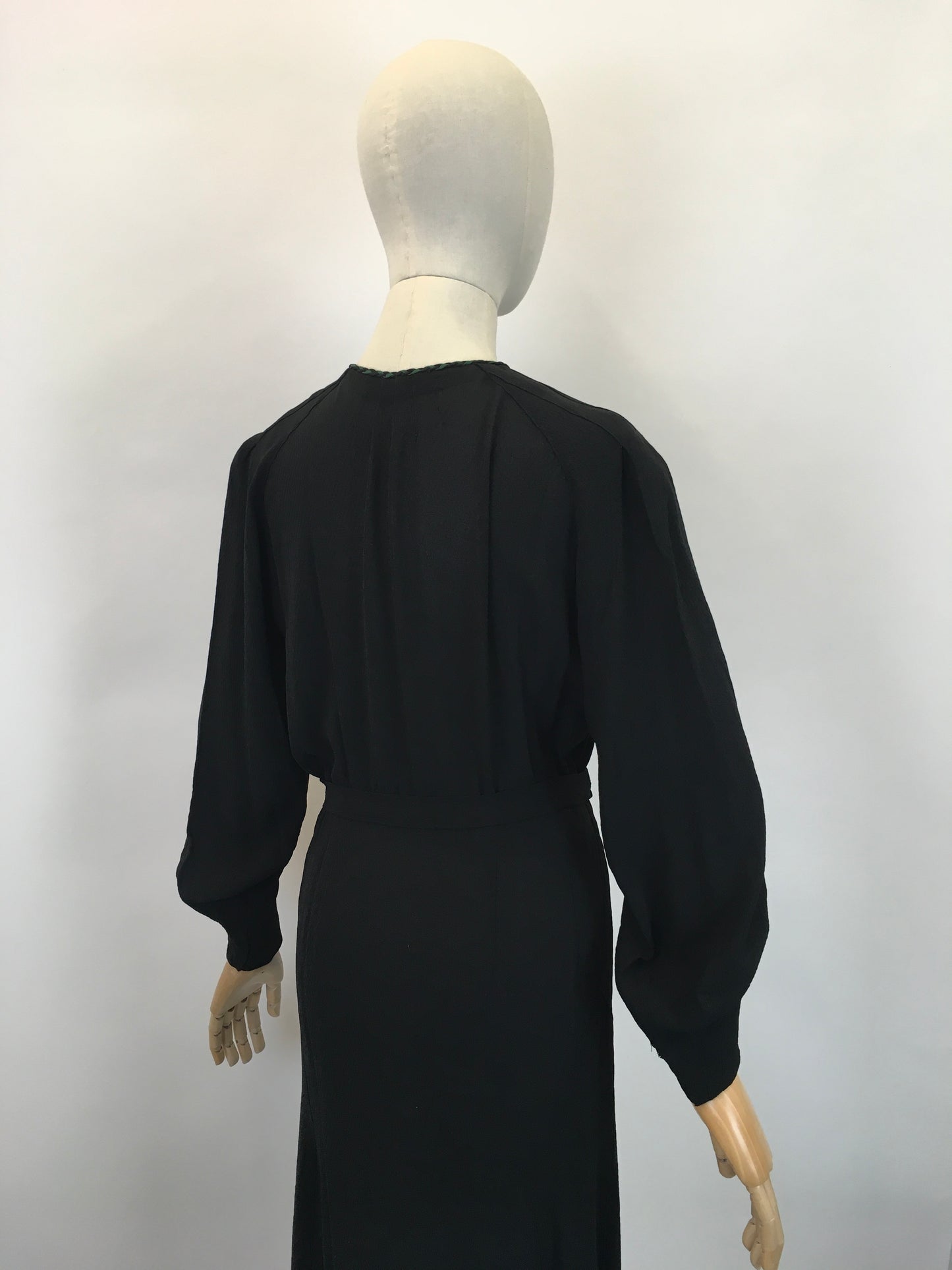 Original 1930's Sensational Evening Dress in Sheer Crepe - In Inky Black with Bottle Green Accents