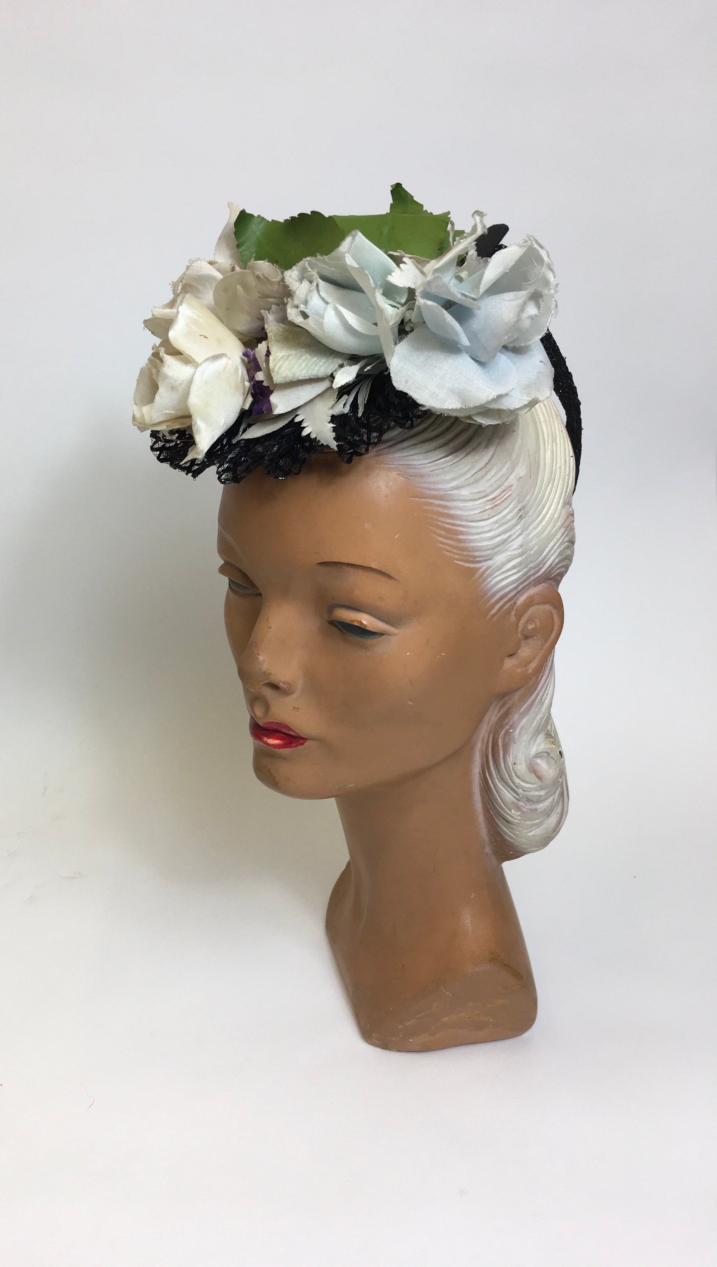 Original 1940’s Floral Tilt Hat - Beautiful Floral Adornments in Powder Blues , Purples & Ivory