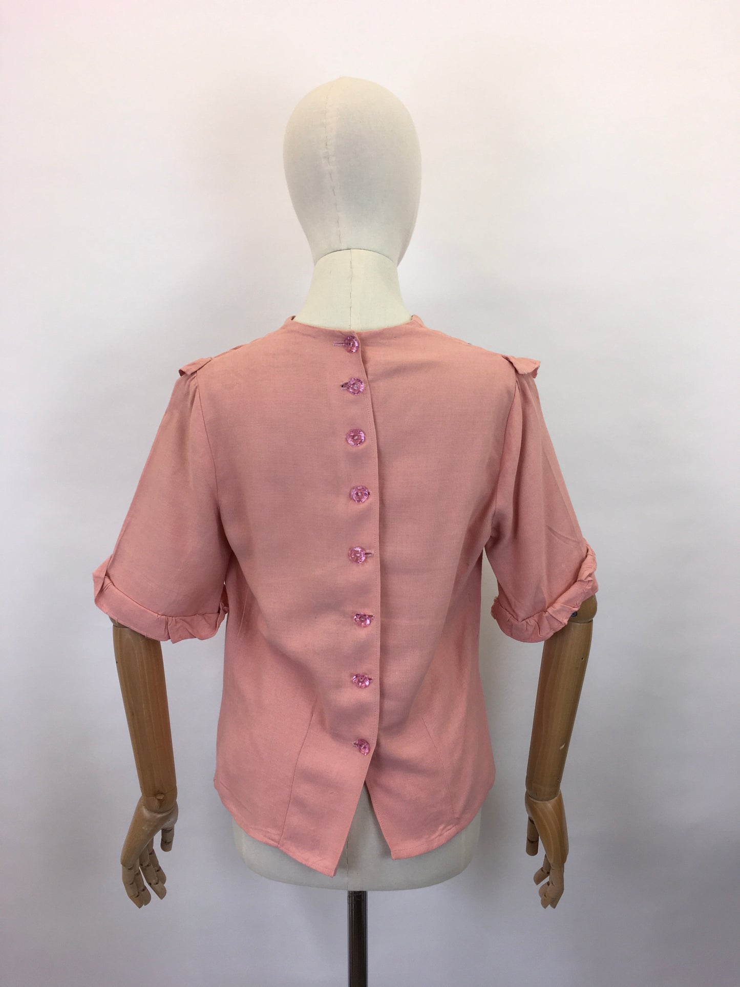 Original 1940s Linen Blouse - In A Beautiful Rose Pink with Floral Embroidery and Pleated Edge