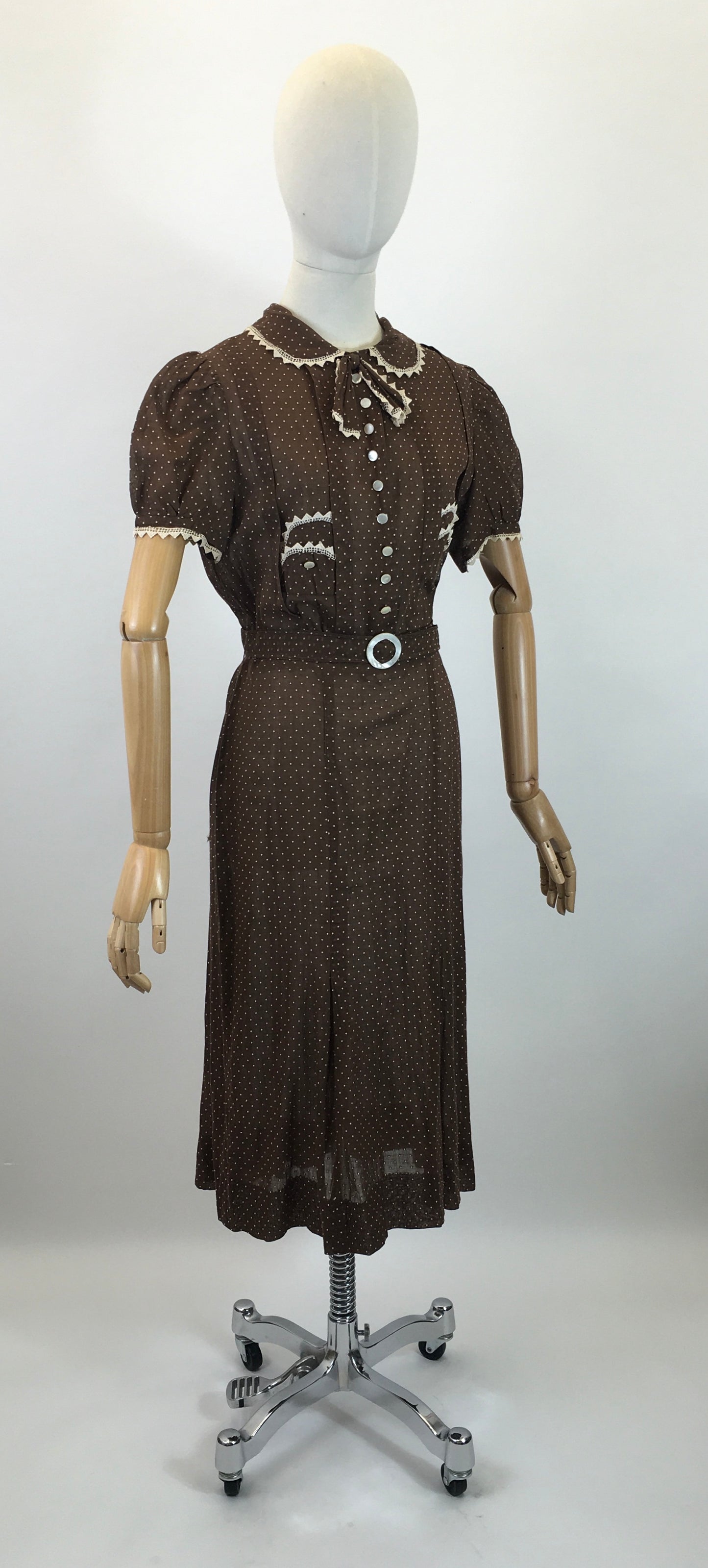 Original 1930's Darling Cotton Lawn Dress - In A Brown & White Polka Dot