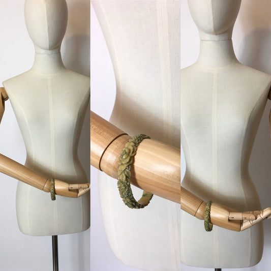 Original 1930’s Carved Floral Celluloid Bangle in Green / Cream - Festival of Vintage Fashion Show Exclusive