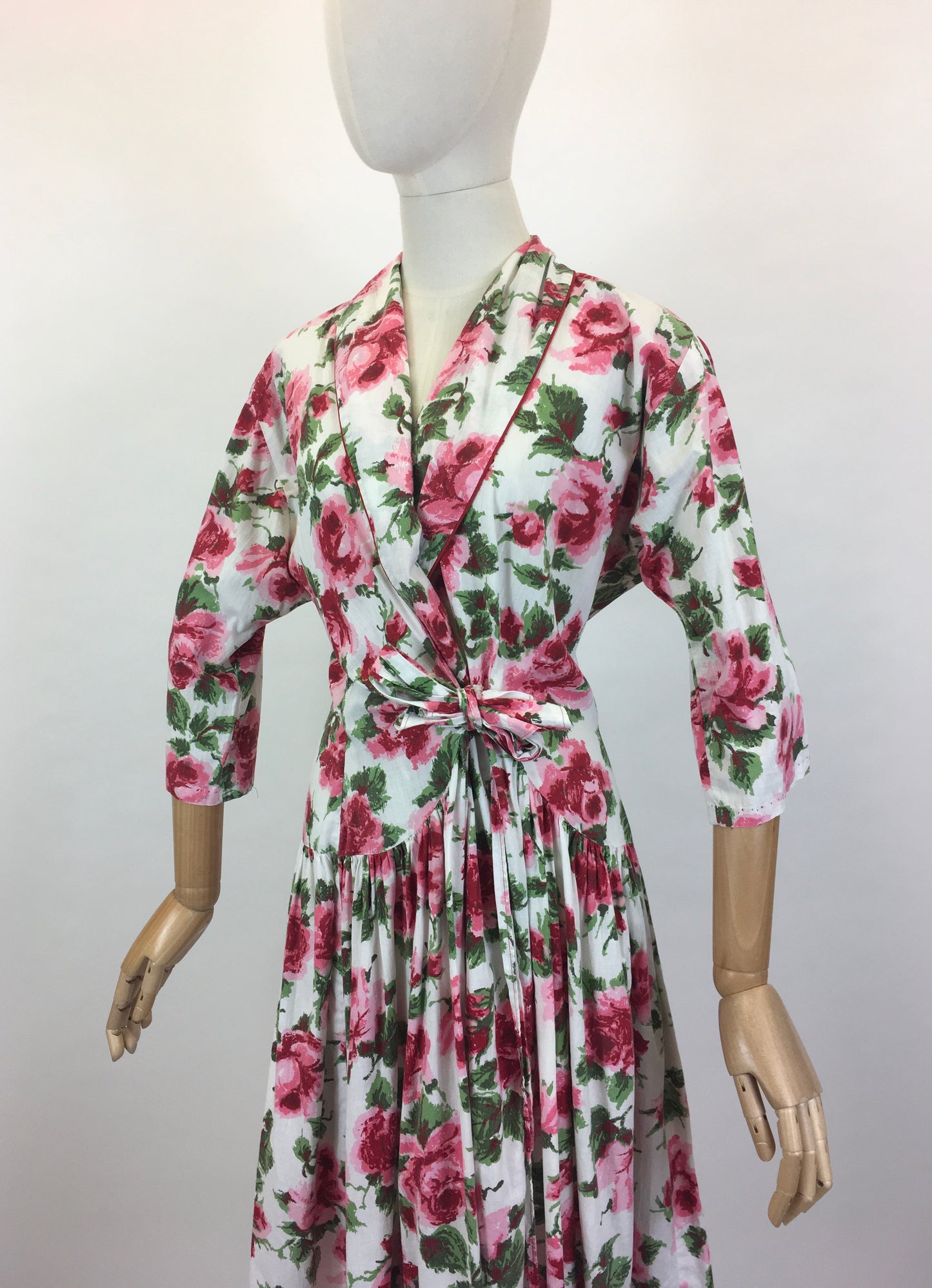 Original 1950’s Darling Wraparound House Dress in A Pink Rose Print - ‘ A Kitchen Formal ‘