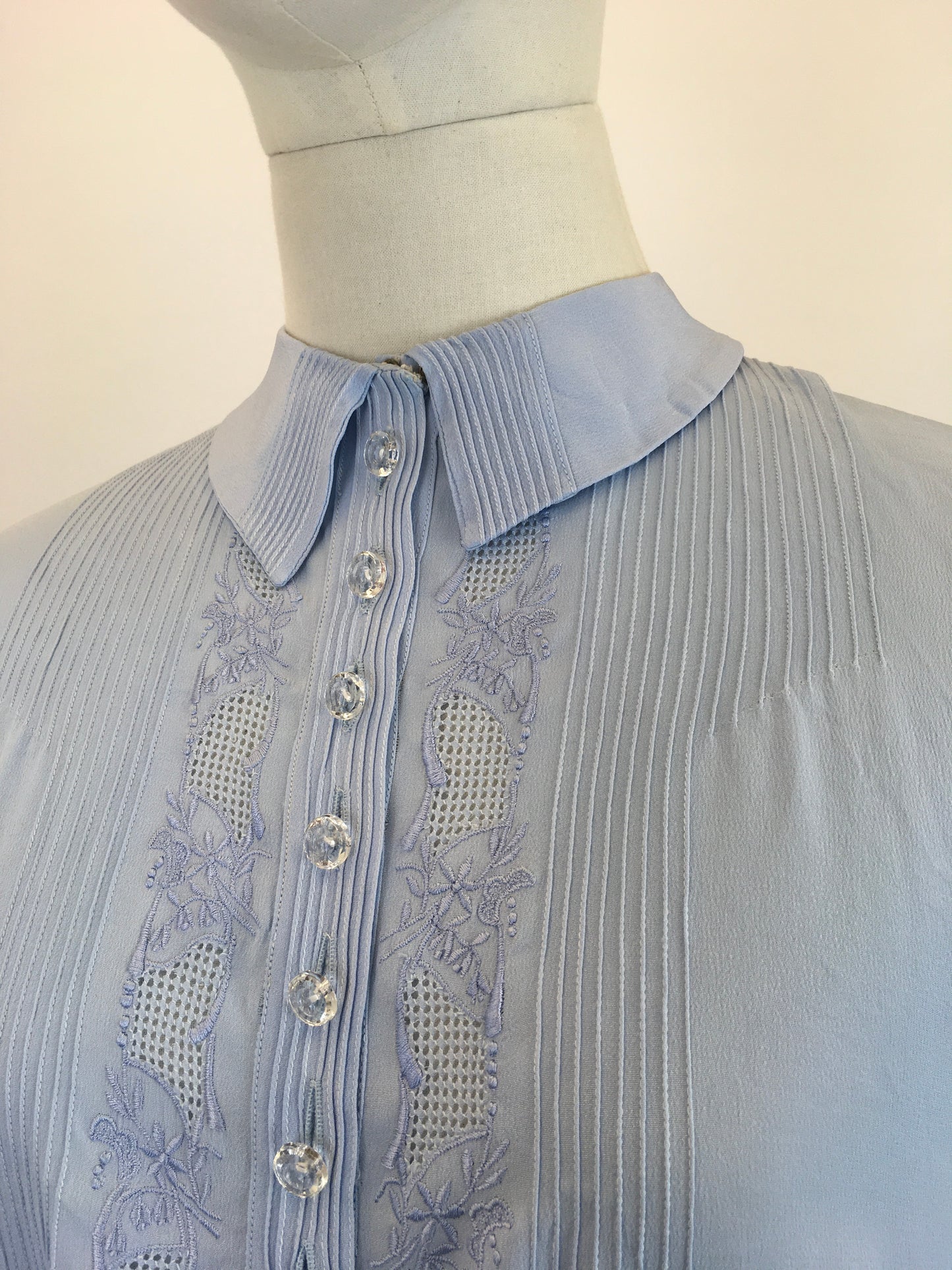 Original 1940’s Darling Sheer Blouse in Powder Blue - With Embroidery and Pintuck Details