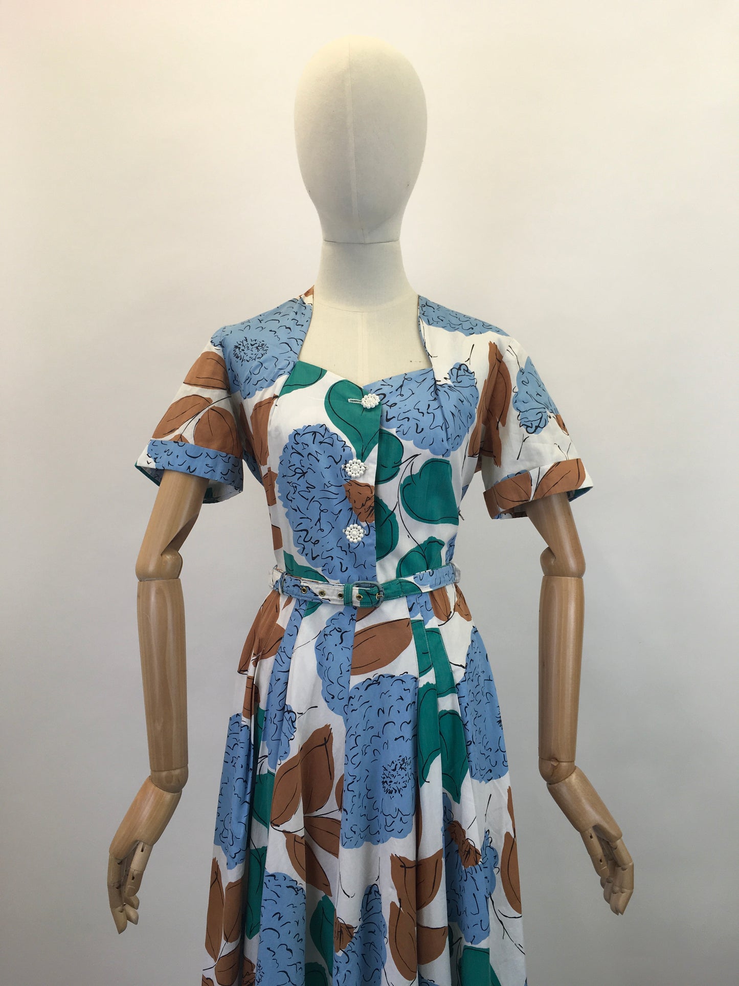 Original Late 1940’s Floral Cotton Day Dress - In Airforce Blue, Caramel Brown, Emerald on Crisp Off White